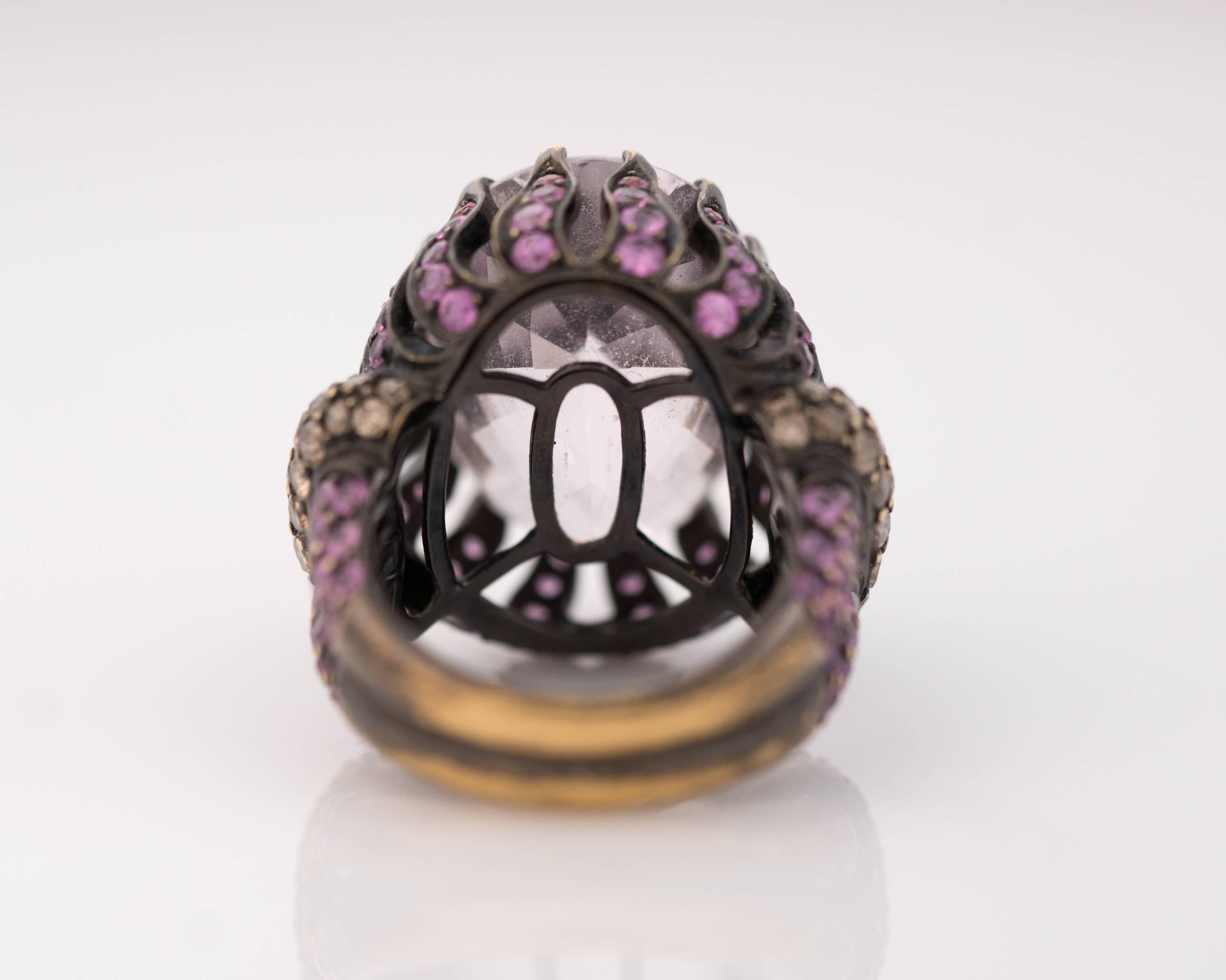 15 Carat Pink Kunzite, Sapphire and Diamond Cocktail Ring In Good Condition In Hicksville, NY