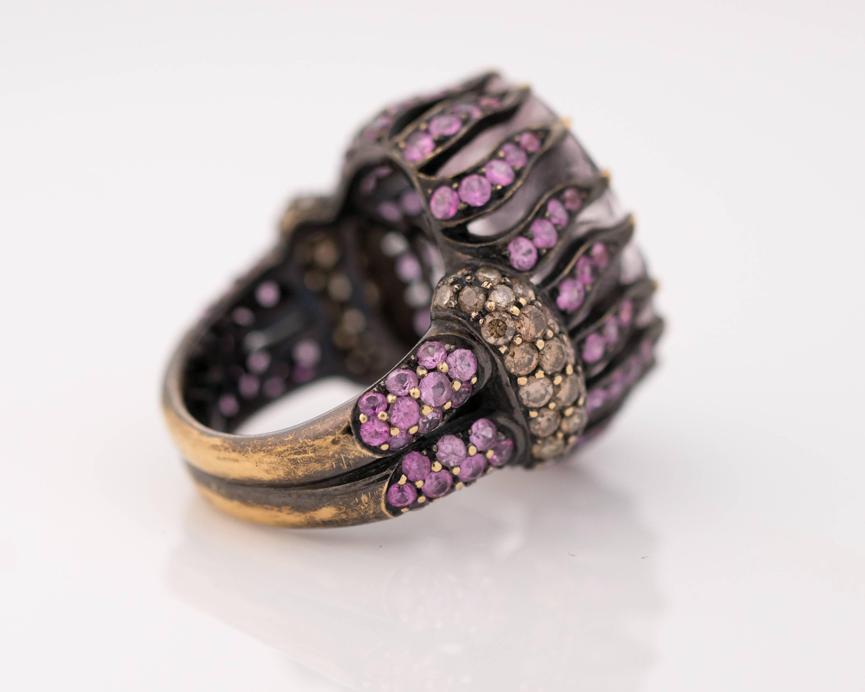 Modern 15 Carat Pink Kunzite, Sapphire and Diamond Cocktail Ring