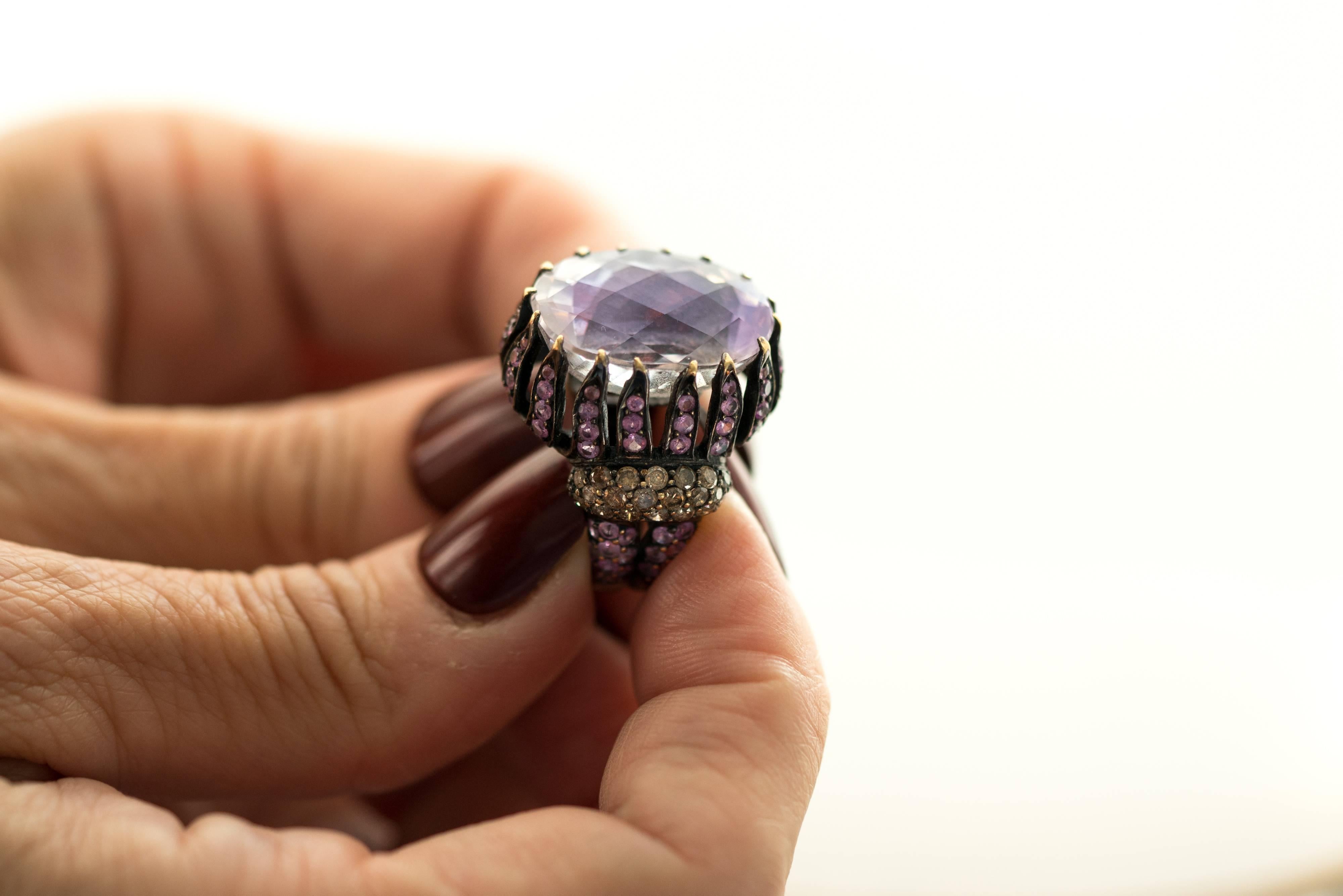 15 Carat Pink Kunzite, Sapphire and Diamond Cocktail Ring 2