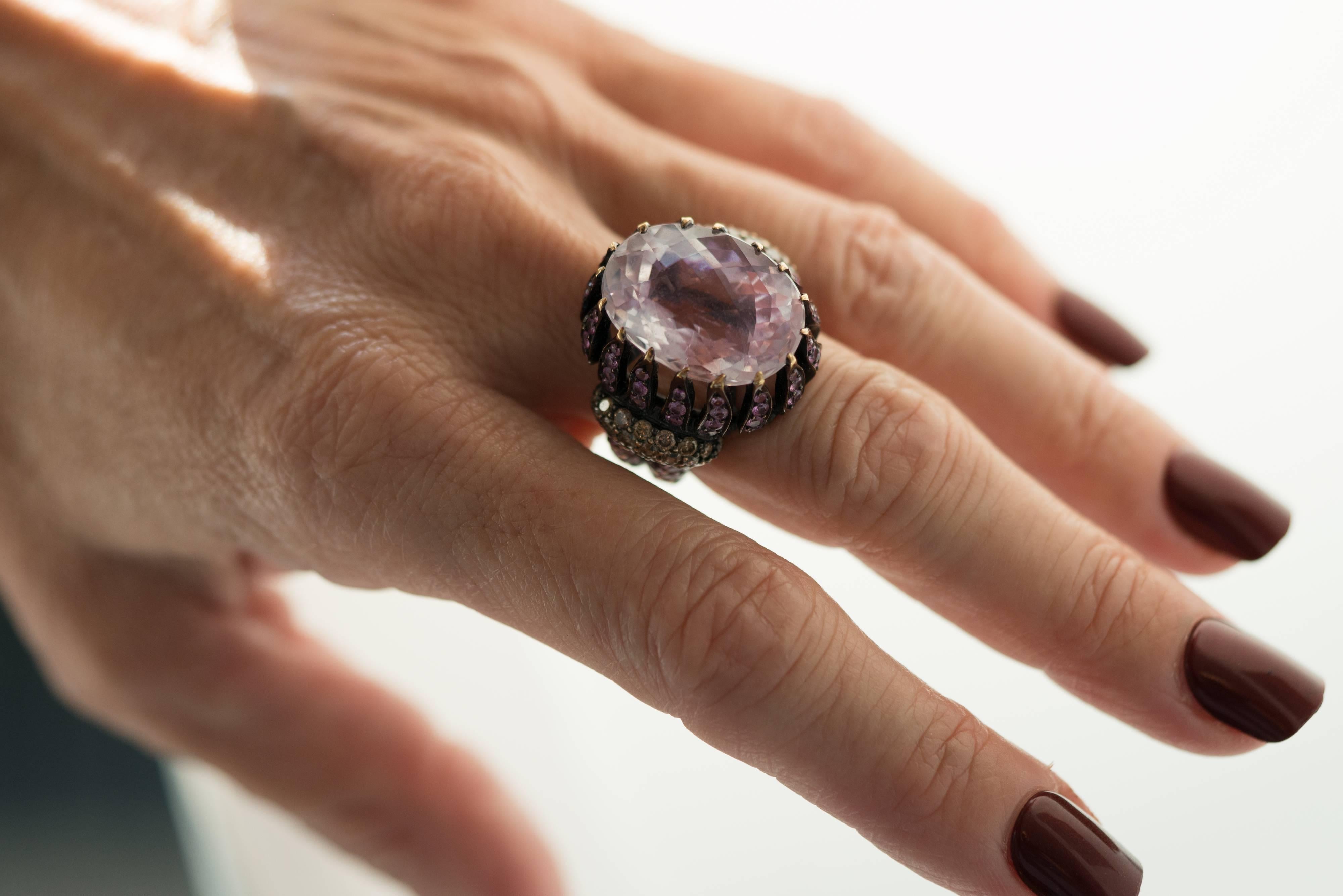 15 Carat Pink Kunzite, Sapphire and Diamond Cocktail Ring 3
