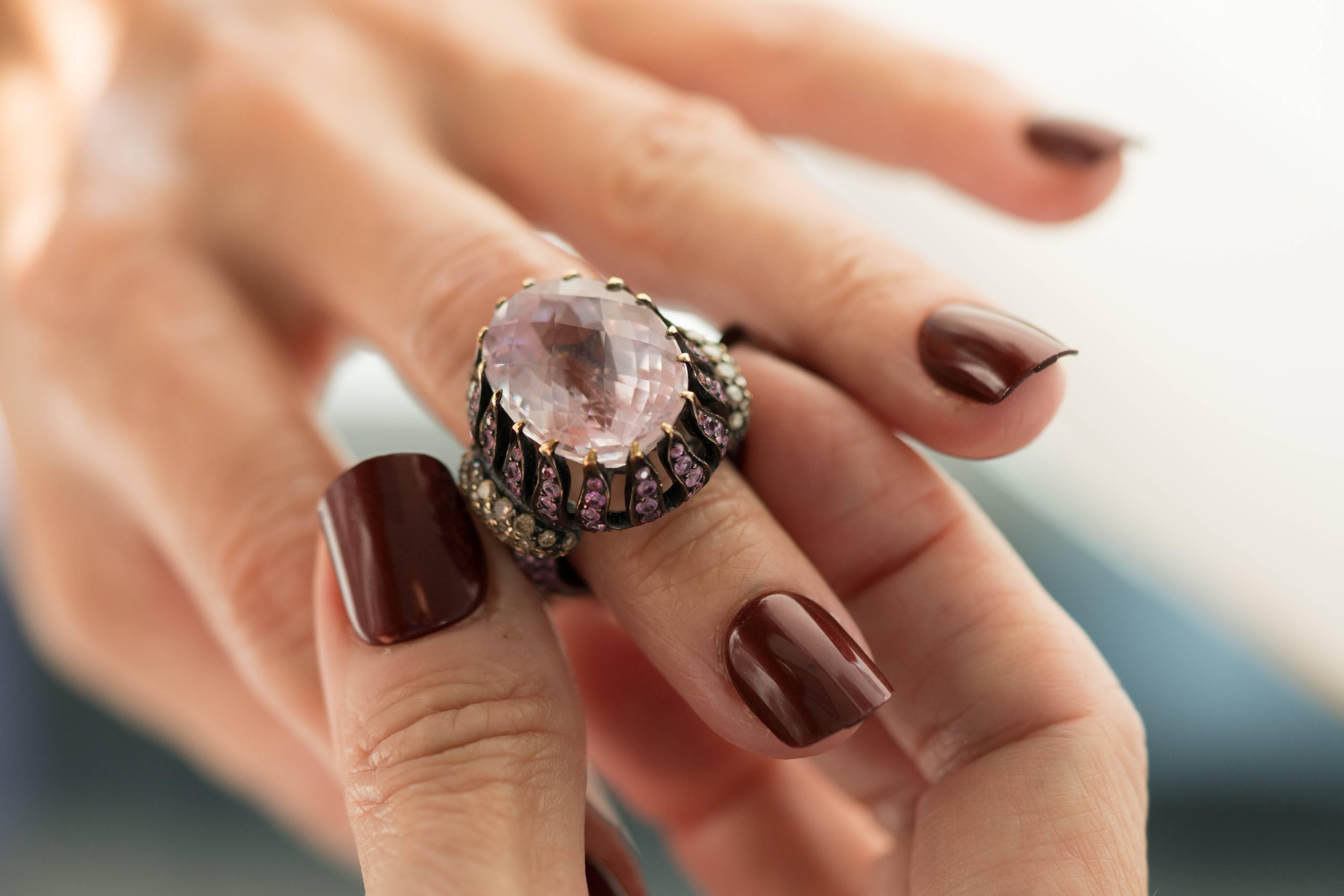 15 Carat Pink Kunzite, Sapphire and Diamond Cocktail Ring 4