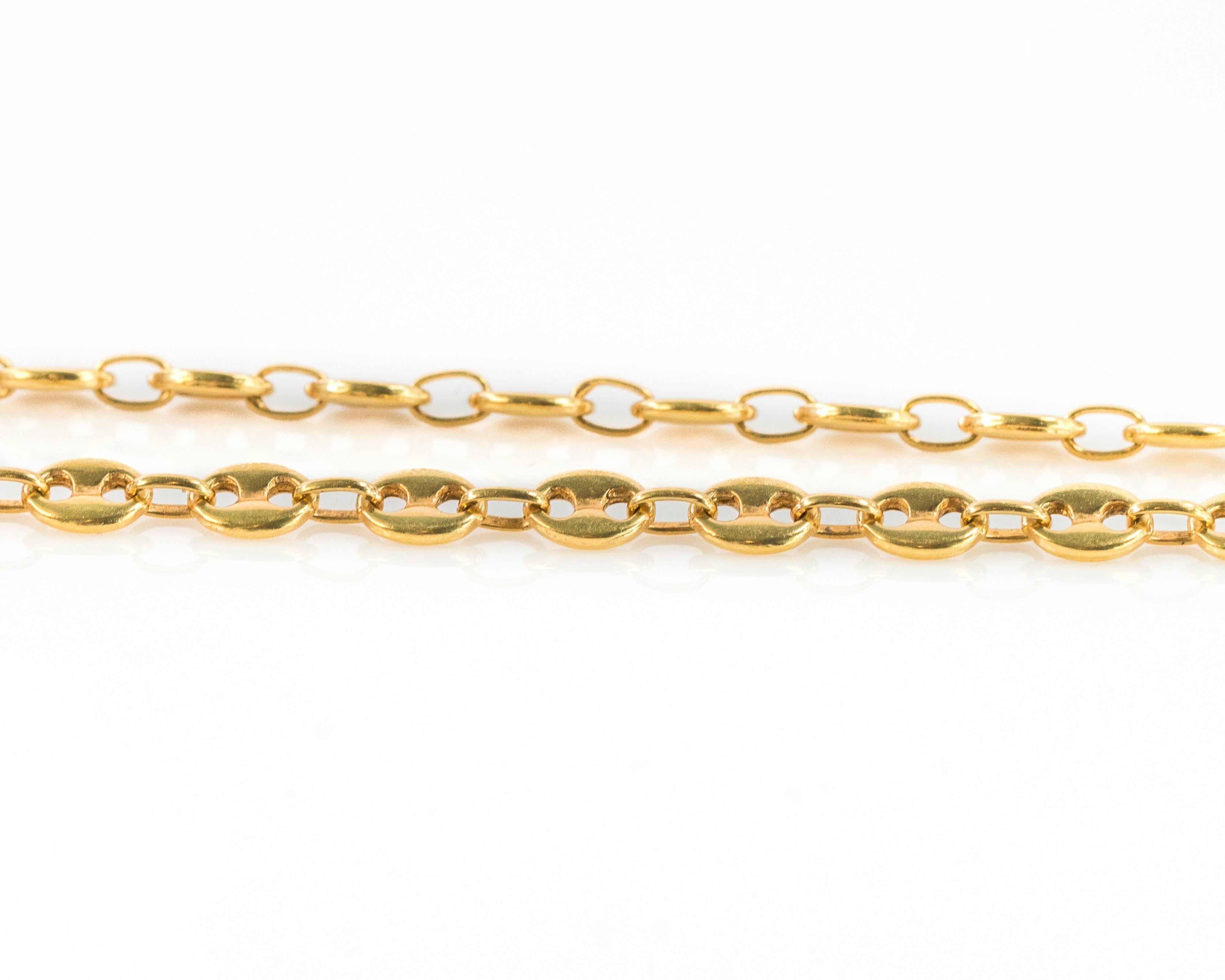 This 1980s 18 Karat Yellow Gold Gucci Mariner Link Chain Necklace has a classic look that's perfect for everyday wear. Measuring 14 inches long, it can be worn as a necklace or as a double wrap chain bracelet. This features a lobster claw clasp and