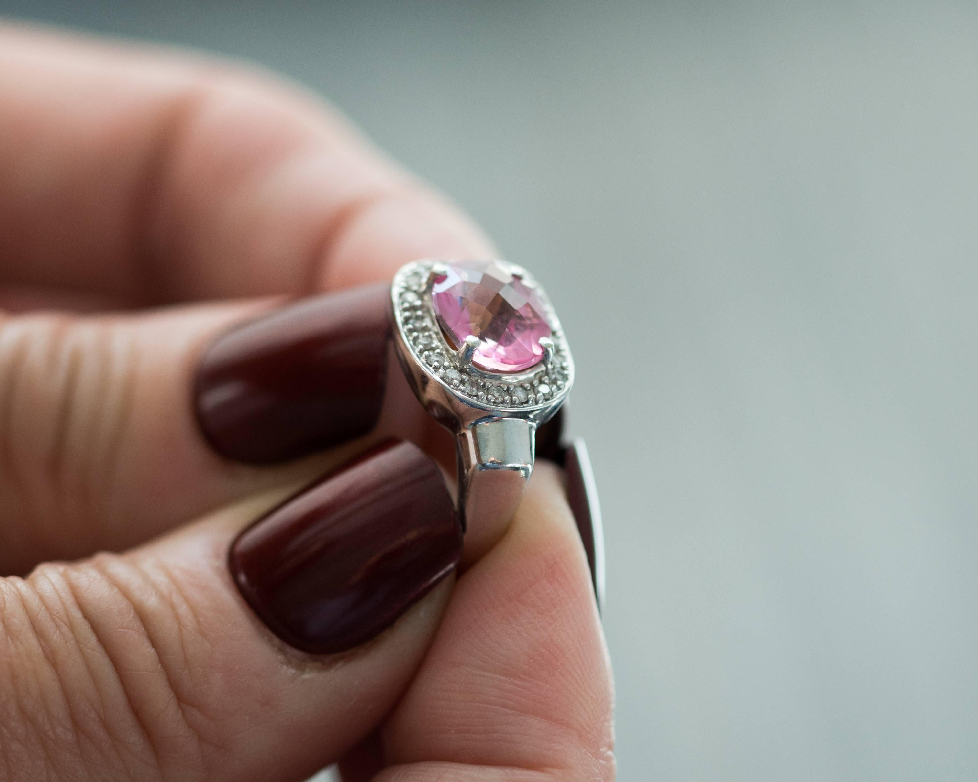 Modern 3 Carat Pink Topaz with Diamond Halo and 14K Gold Ring