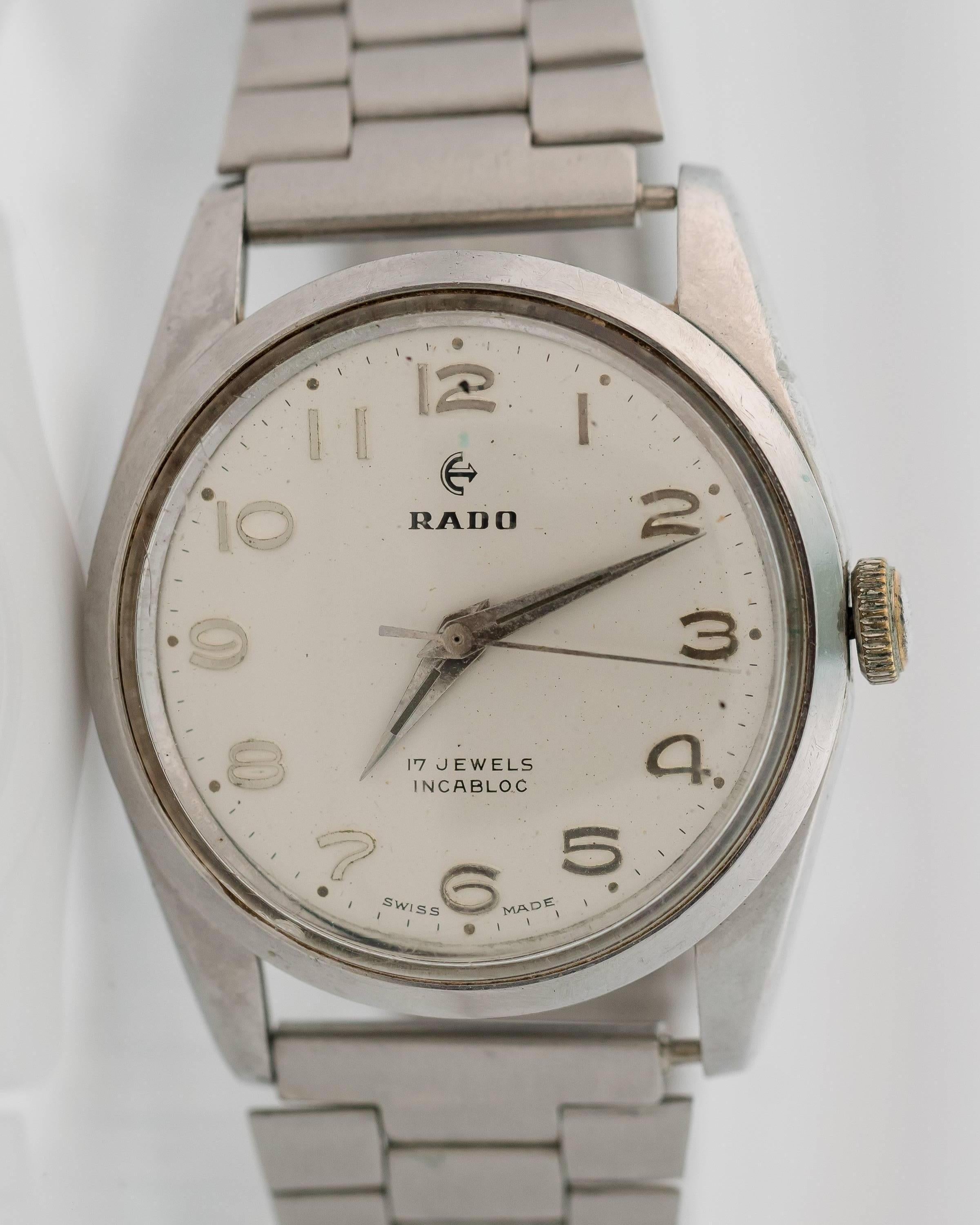 Incabloc means Shock Resistant! Rado utilized Incabloc shock-resistant technology in this Retro 1945 Watersealed watch to ensure optimal time-keeping performance. This classic Swiss-made watch features a silver Arabic dial with second hand, round