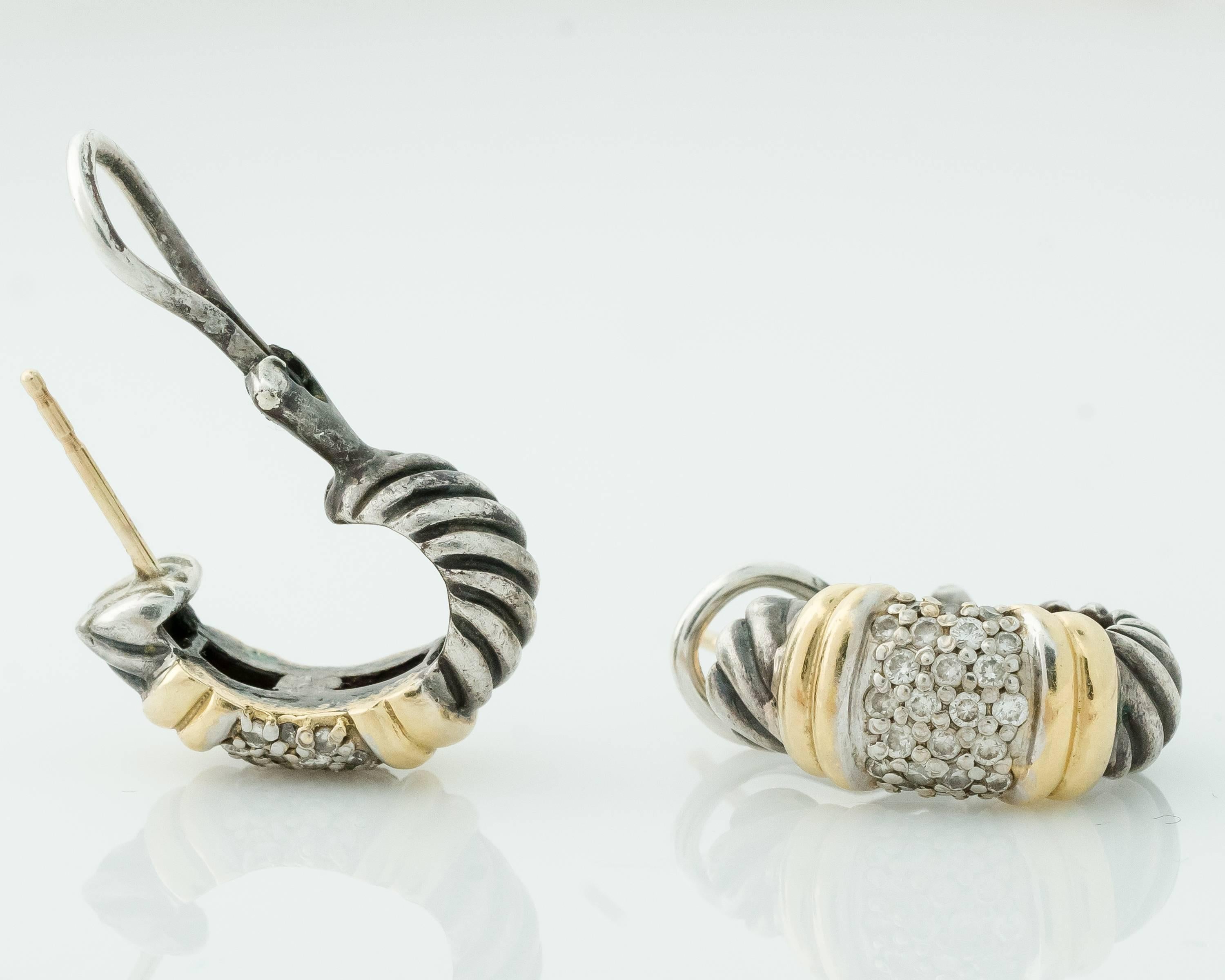 Modern David Yurman Sterling Silver, 18K Gold with Diamonds Hoop Earrings