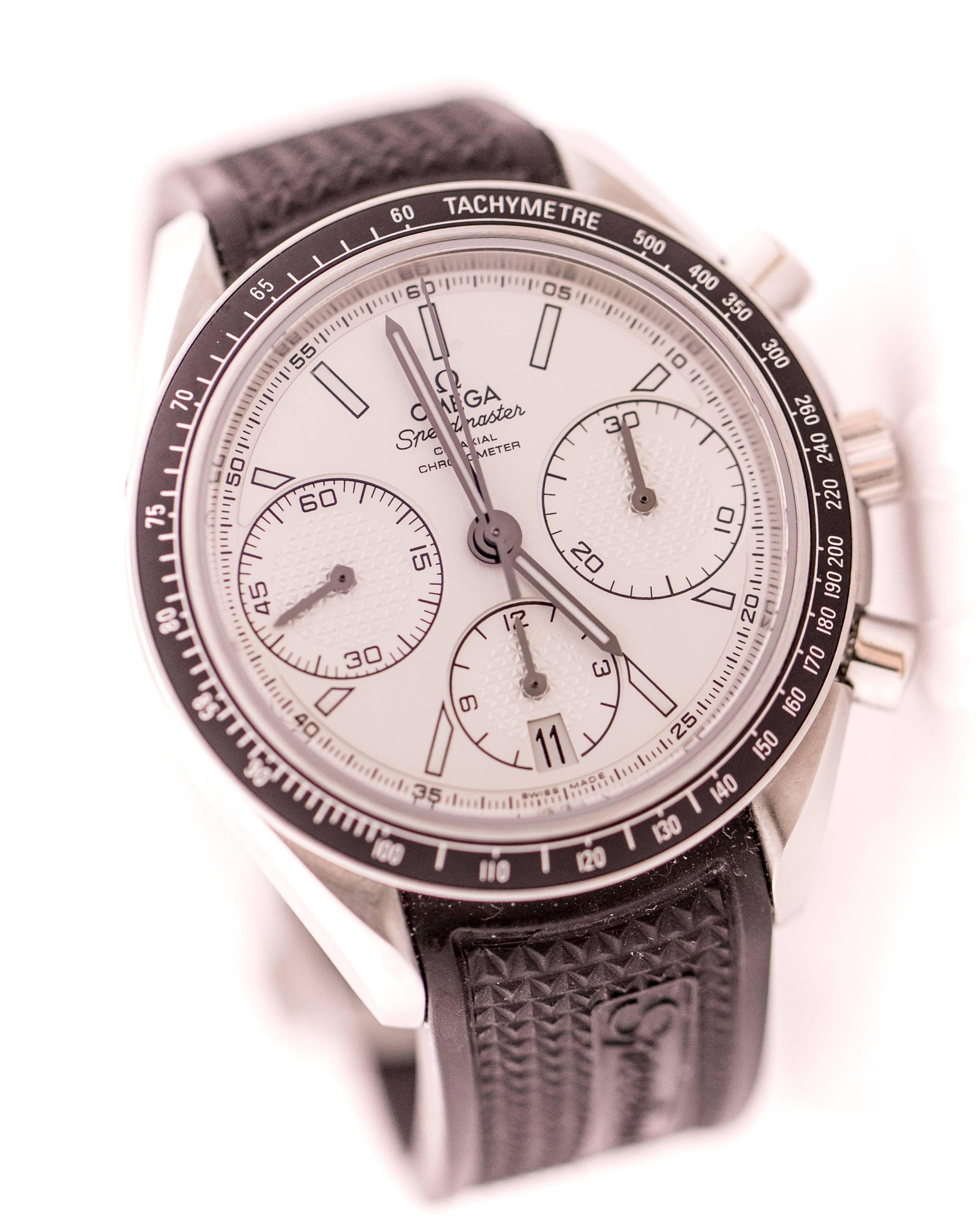 The Iconic Omega Speedmaster has been part of all six lunar missions!
This Omega Speedmaster Racing watch is a modernized version of the Iconic Classic. 

Features:
-Opaline silver dial
-Scratch-resistant sapphire crystal
-Date window at the 6:00