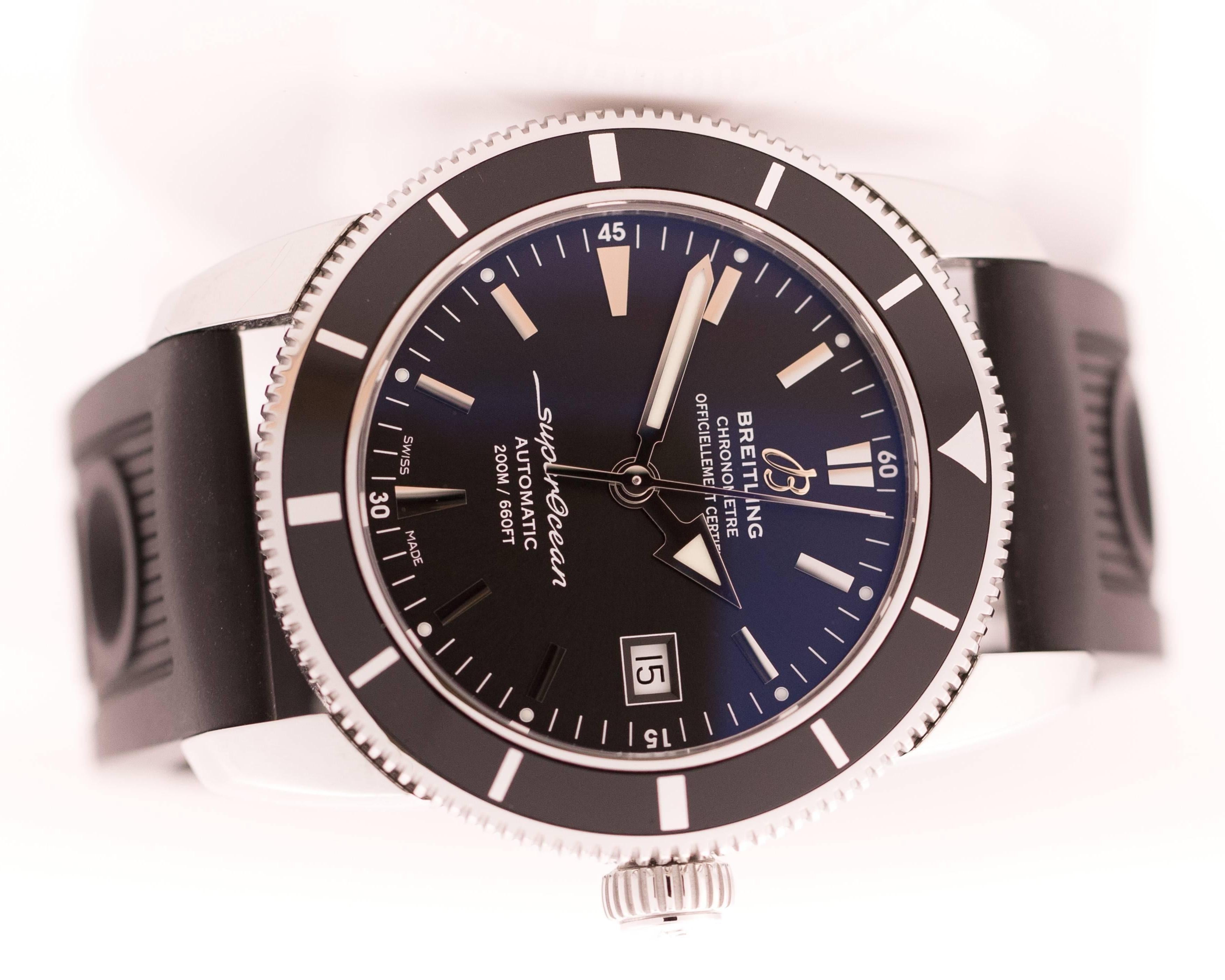 This elegant yet sporty Breitling SuperOcean Heritage 42 Diver’s watch reflects the design and function of it's predecessor, the Legendary 1950s model. This Chronograph Special Edition watch is water-resistant to 200 meters (660 feet).