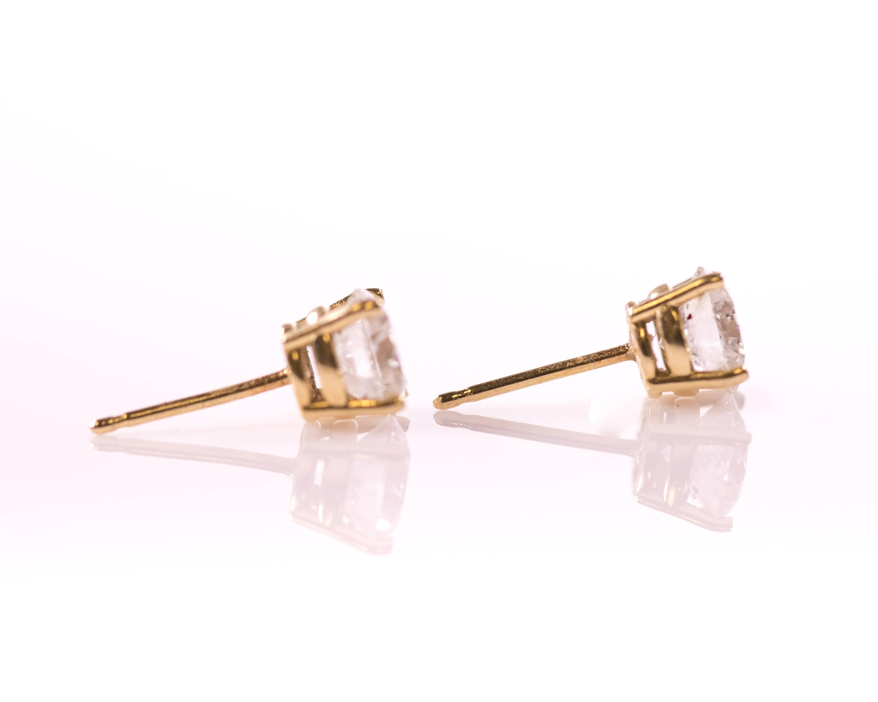 These gorgeous 2017 (made in-house) Diamond Stud Earrings sparkle and shine! Each 6 millimeter, excellent cut diamond is set in 14 Karat Yellow Gold and held in place by 4 prongs. These post earrings have push backs. Classic, dazzling and perfect
