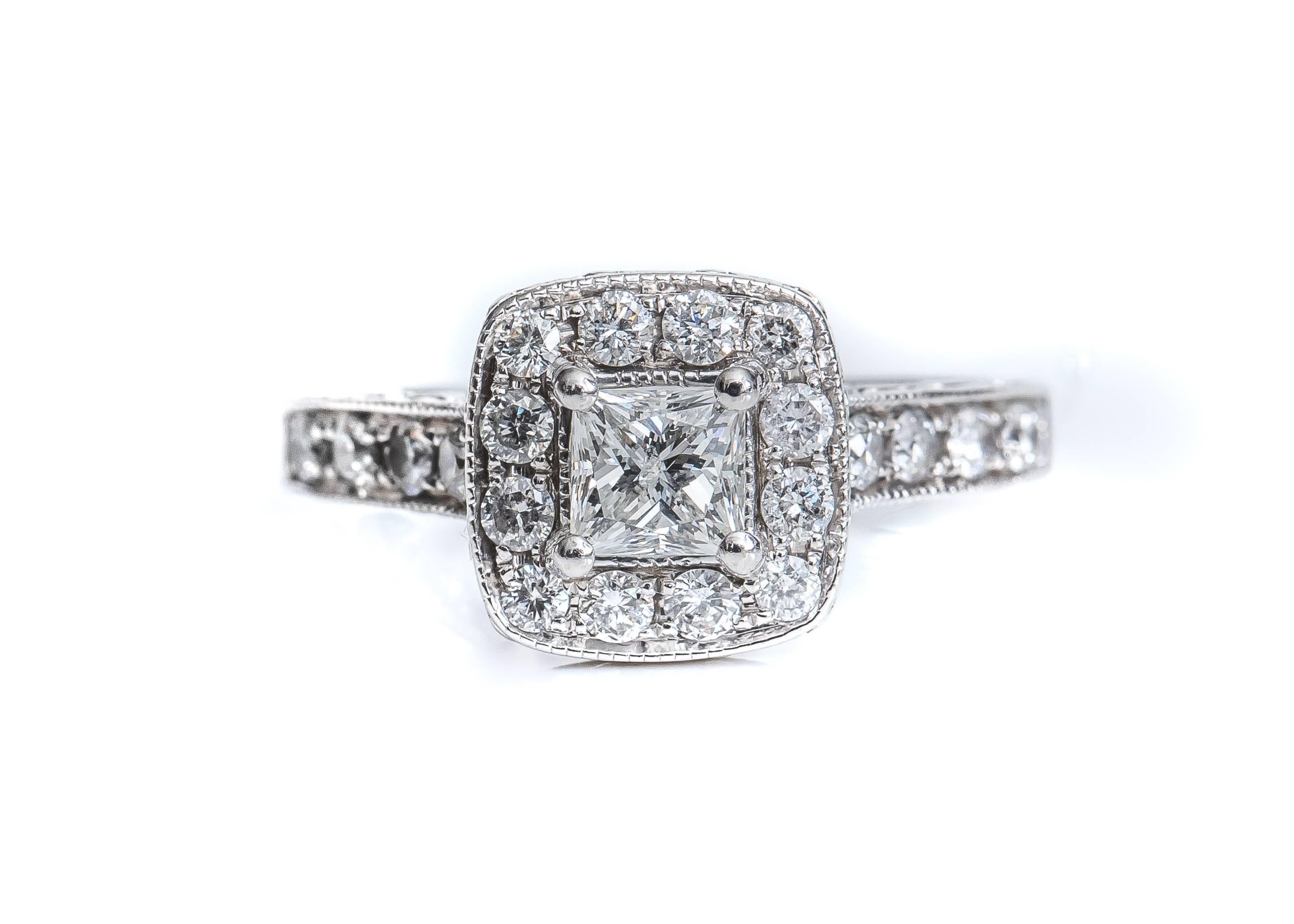 Cushion Cut .50 Carat Princess Cut Diamond Halo 14 Karat White Gold Engagement Ring For Sale