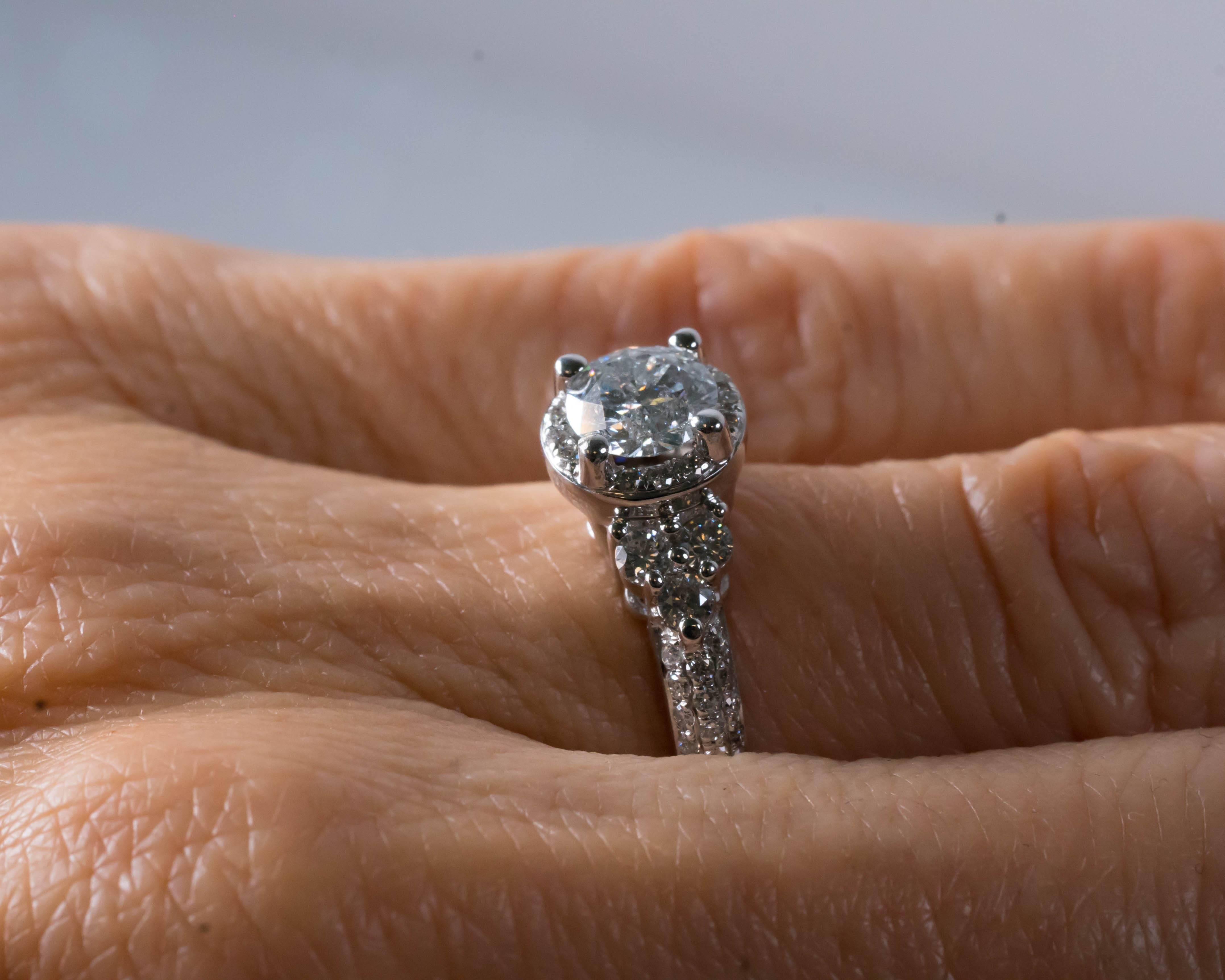 Women's 1.20 Carat Diamond Halo and 14 Karat White Gold Engagement Ring For Sale