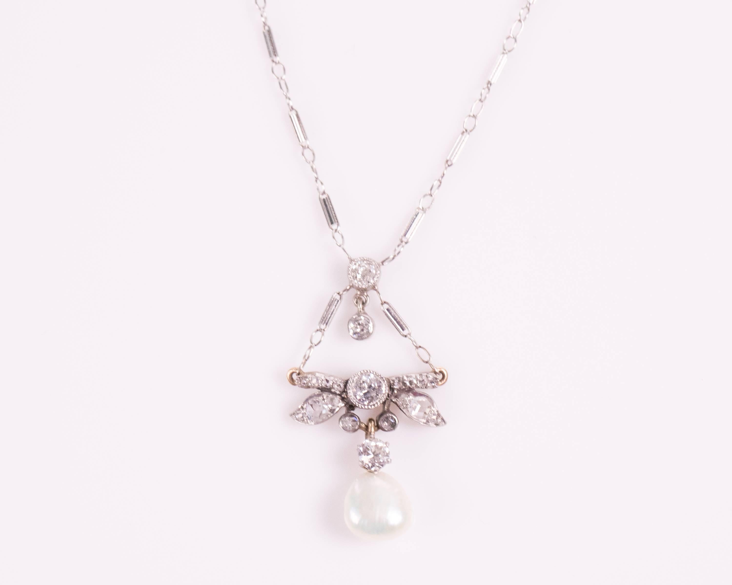 1870s Victorian 1.00 Carat Diamond and Pearl 14 Karat White Gold Necklace In Good Condition For Sale In Atlanta, GA