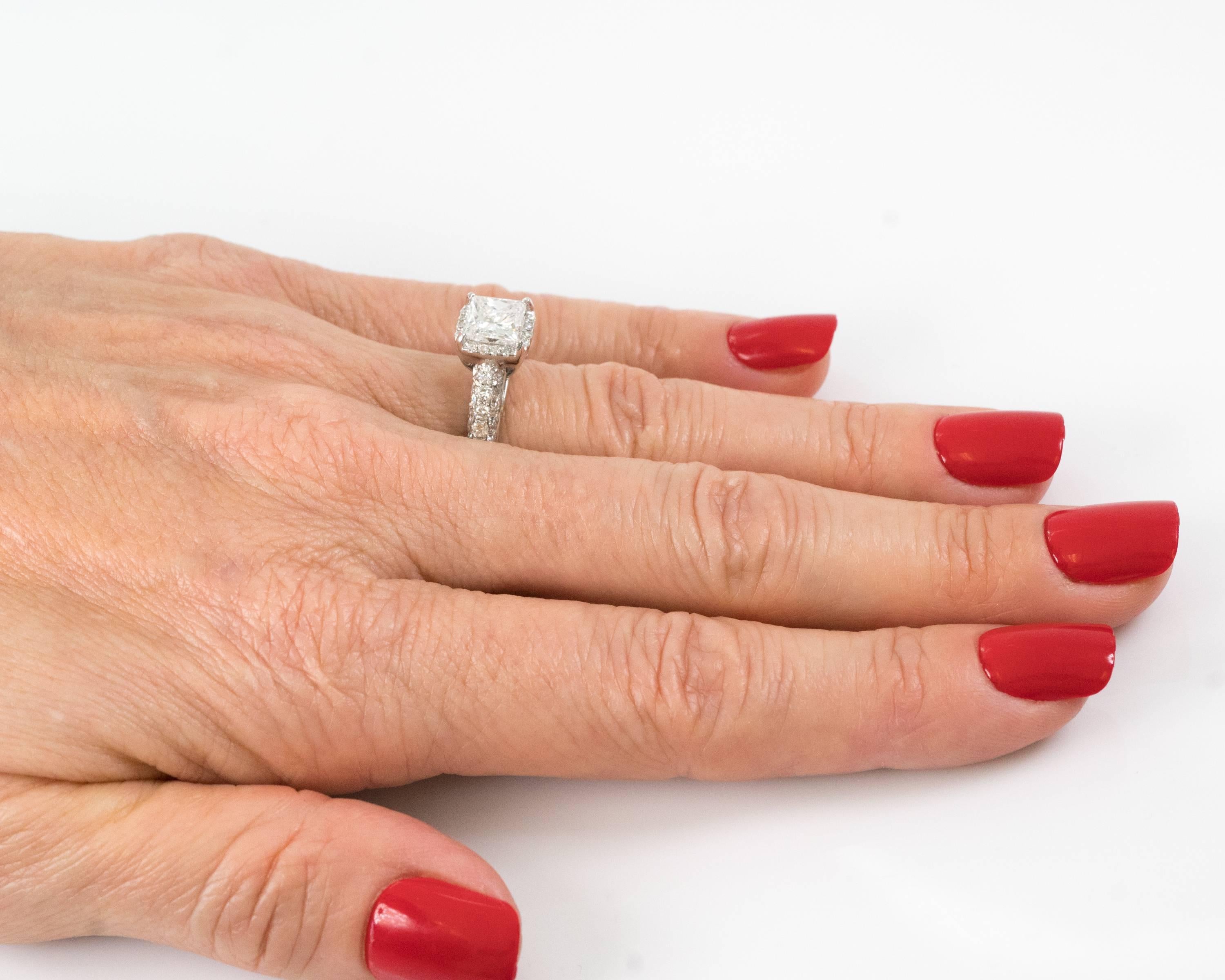 Women's 1.00 Carat Princess Cut Diamond with Halo 14 Karat White Gold Engagement Ring For Sale