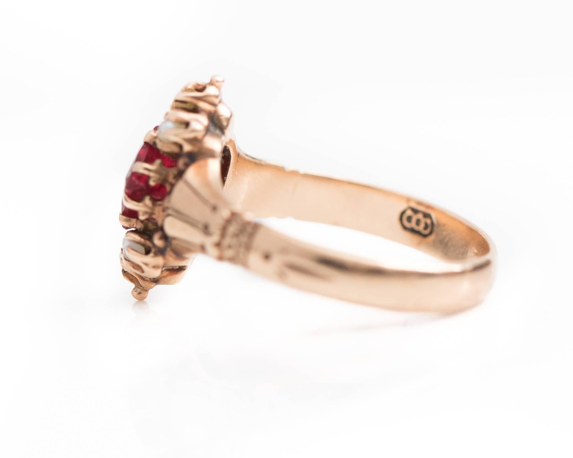 Women's 1890s Victorian Simulated Ruby and Natural Seed Pearl 9 Karat Yellow Gold Ring