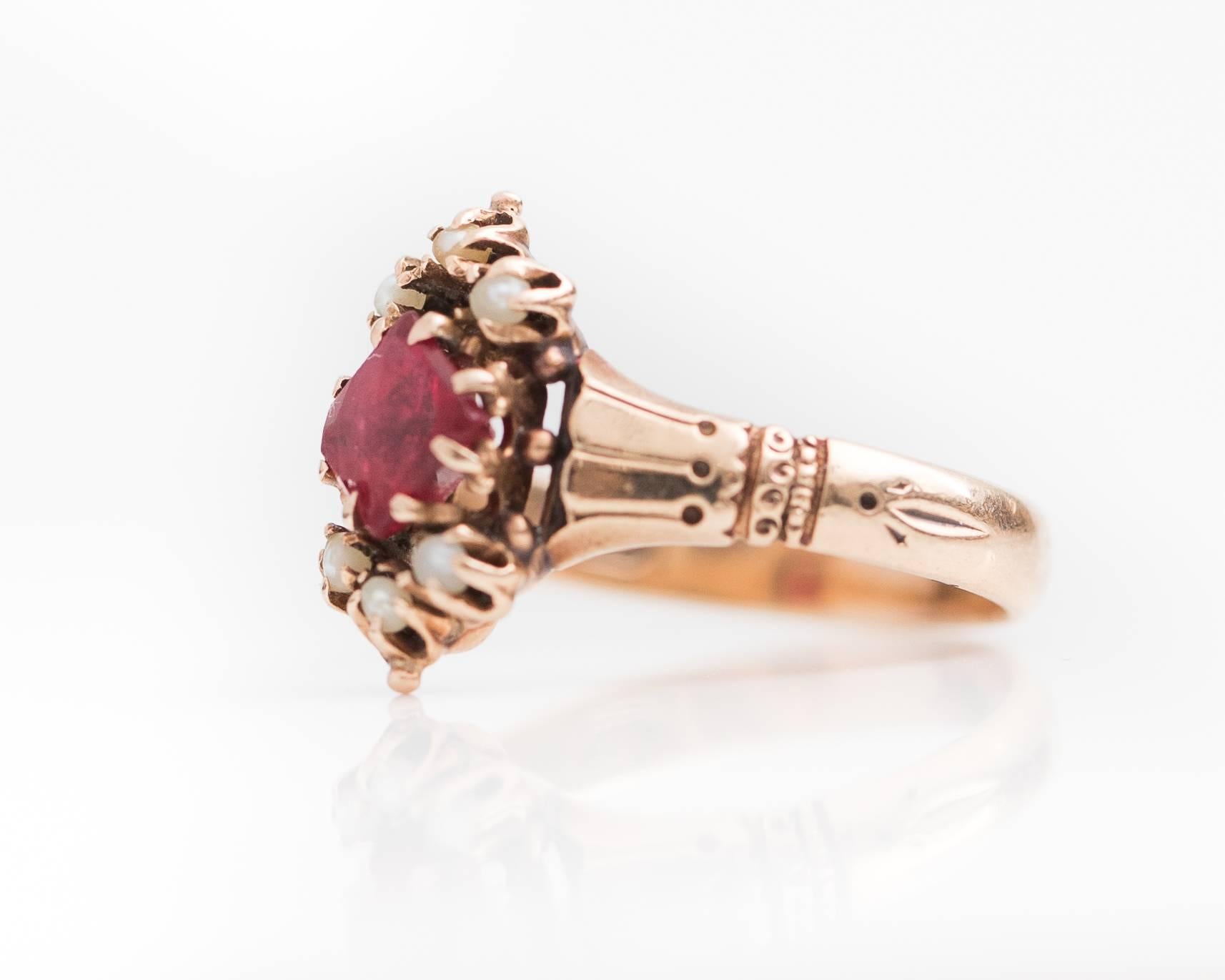 1890s Victorian Simulated Ruby and Natural Seed Pearl 9 Karat Yellow Gold Ring 2