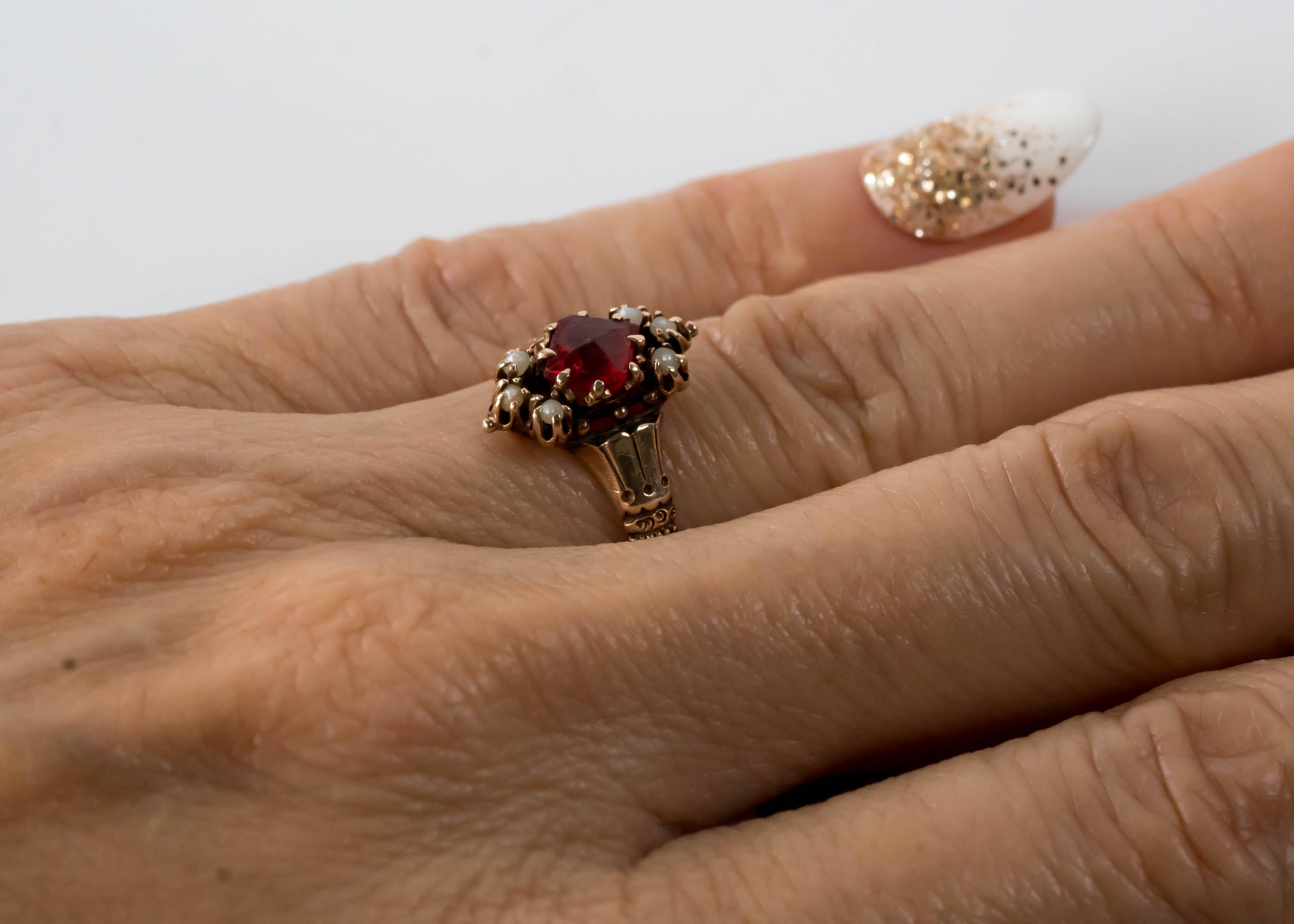 1890s Victorian Simulated Ruby and Natural Seed Pearl 9 Karat Yellow Gold Ring 4