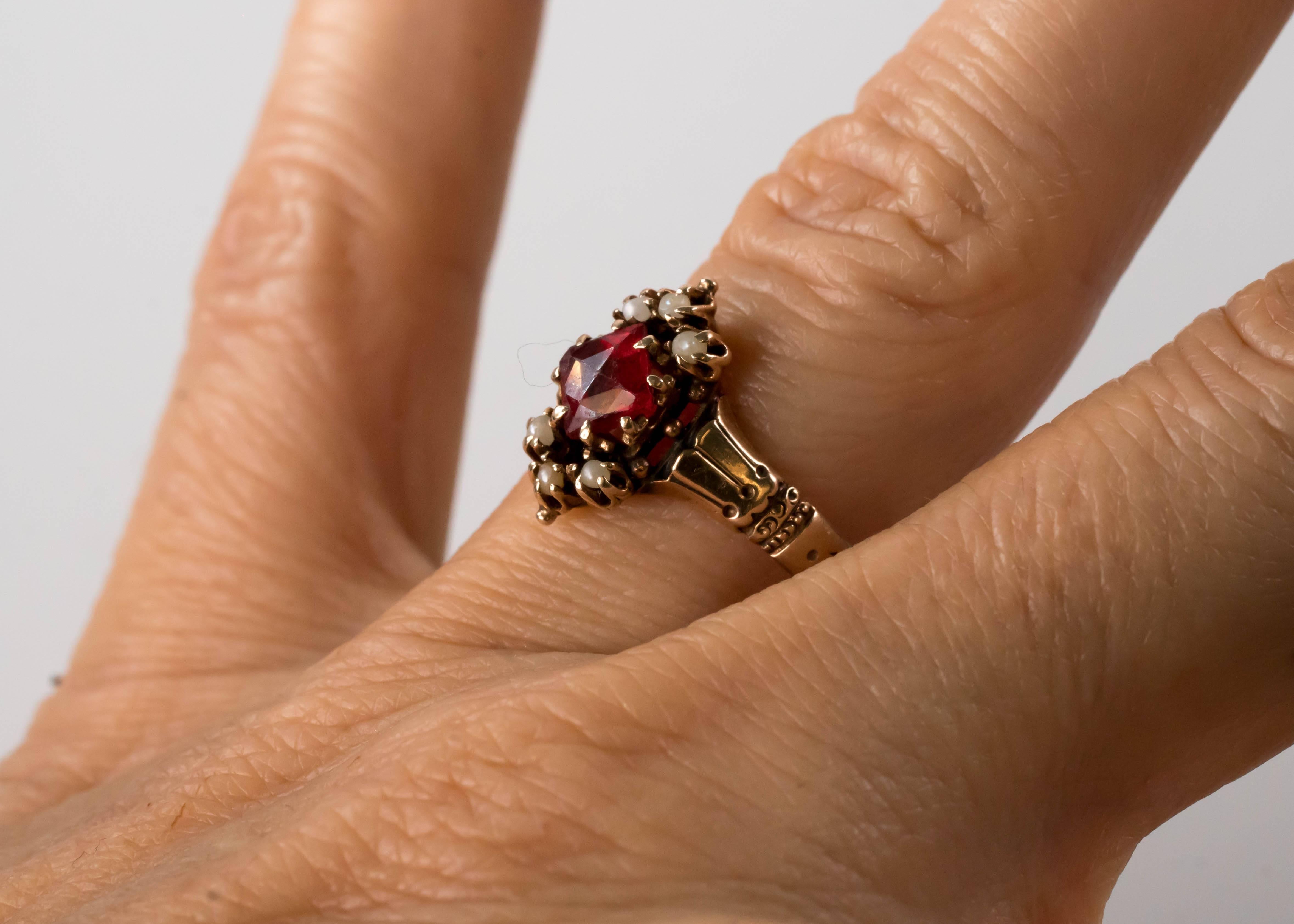 1890s Victorian Simulated Ruby and Natural Seed Pearl 9 Karat Yellow Gold Ring 5