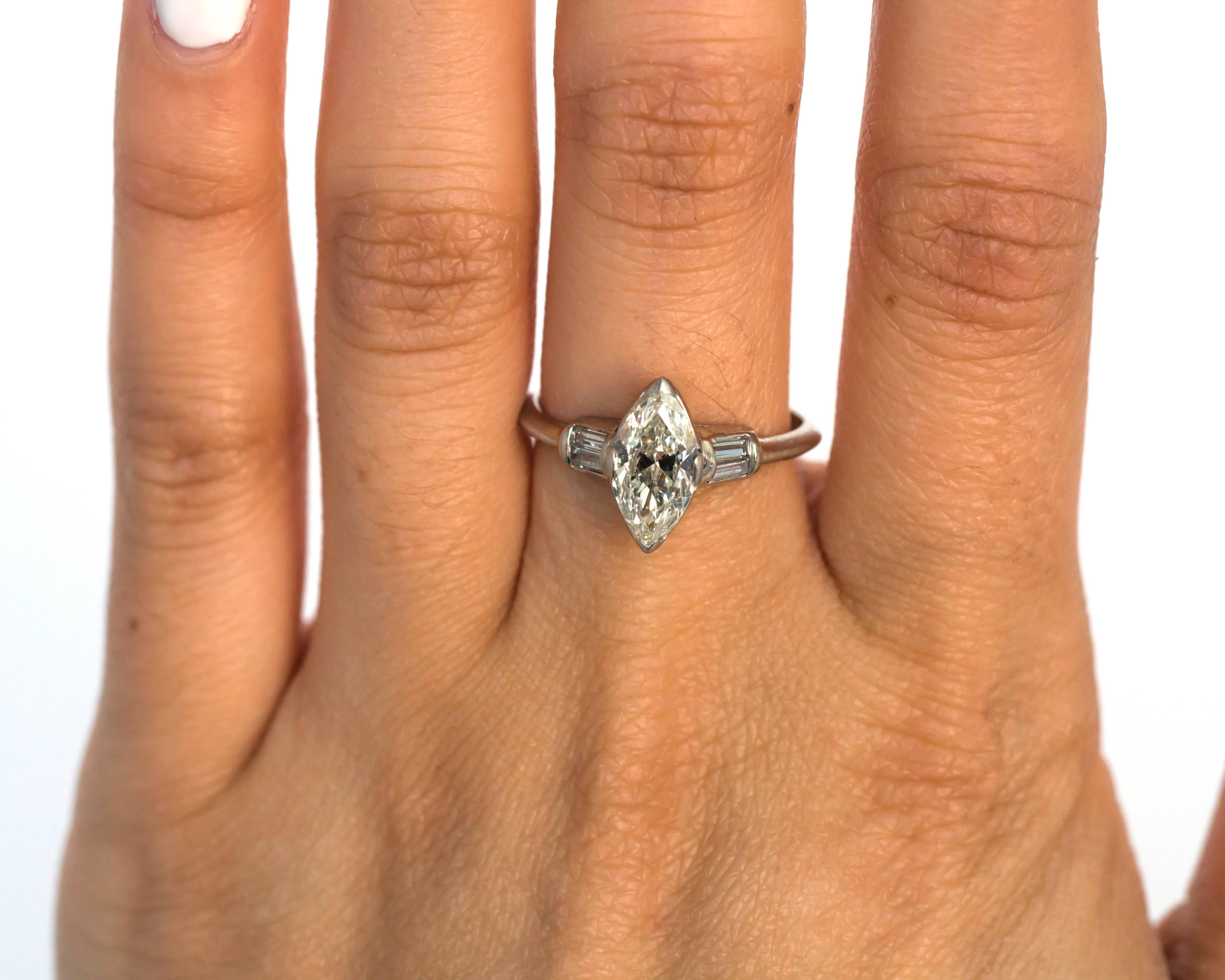 1933 Art Deco Platinum 1.00 Carat Antique Marquise Cut Diamond Engagement Ring In Excellent Condition For Sale In Atlanta, GA
