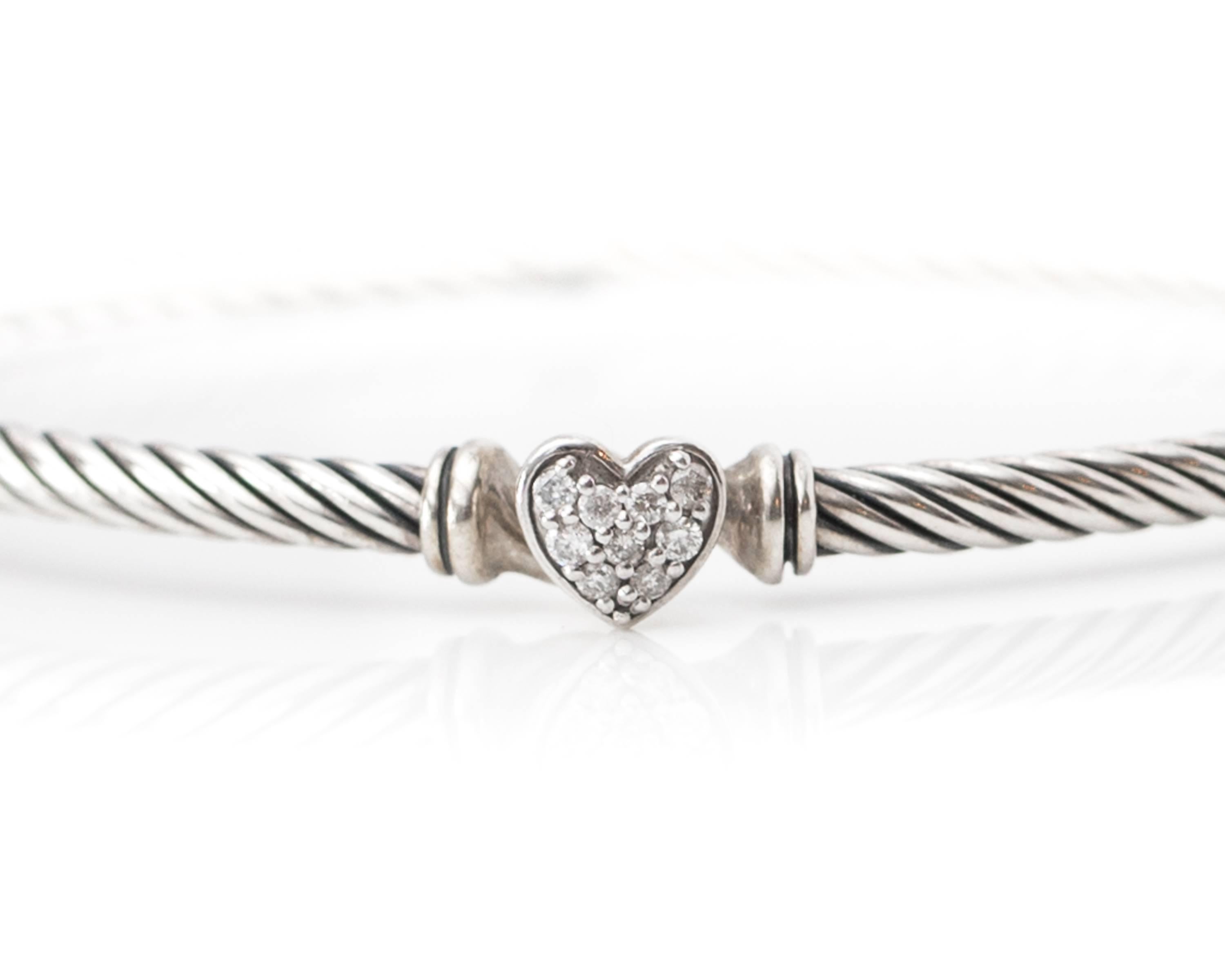 David Yurman Cable Collectibles Heart Bracelet with Diamonds, 3 millimeters wide, size Medium. Features 0.09 carat total weight Pave Diamonds, 3 millimeter wide Sterling Silver Cable Bracelet and a Hook Clasp. This bracelet comes with the Original