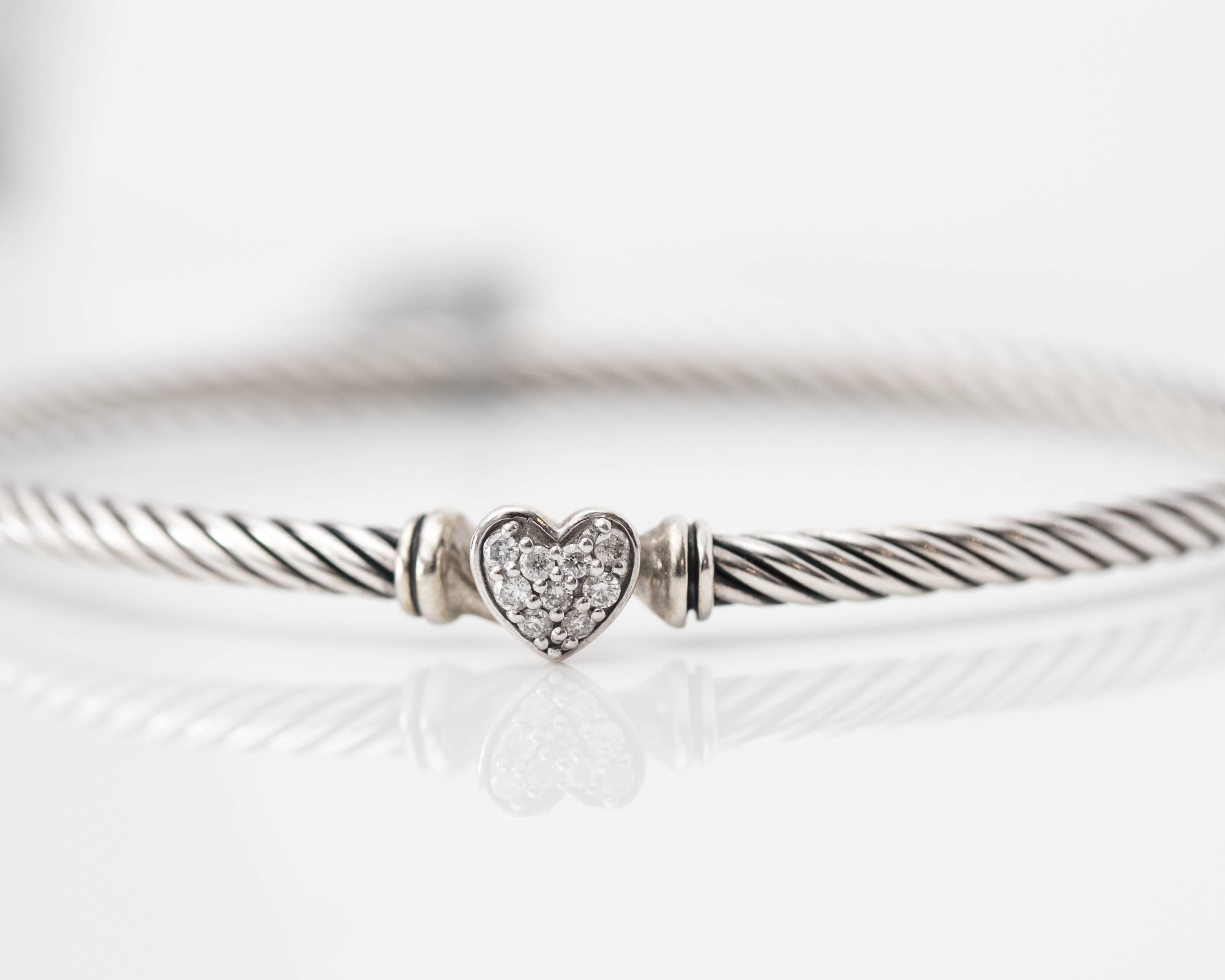 Round Cut David Yurman Cable Collectibles Heart Bracelet with Diamonds in Sterling Silver