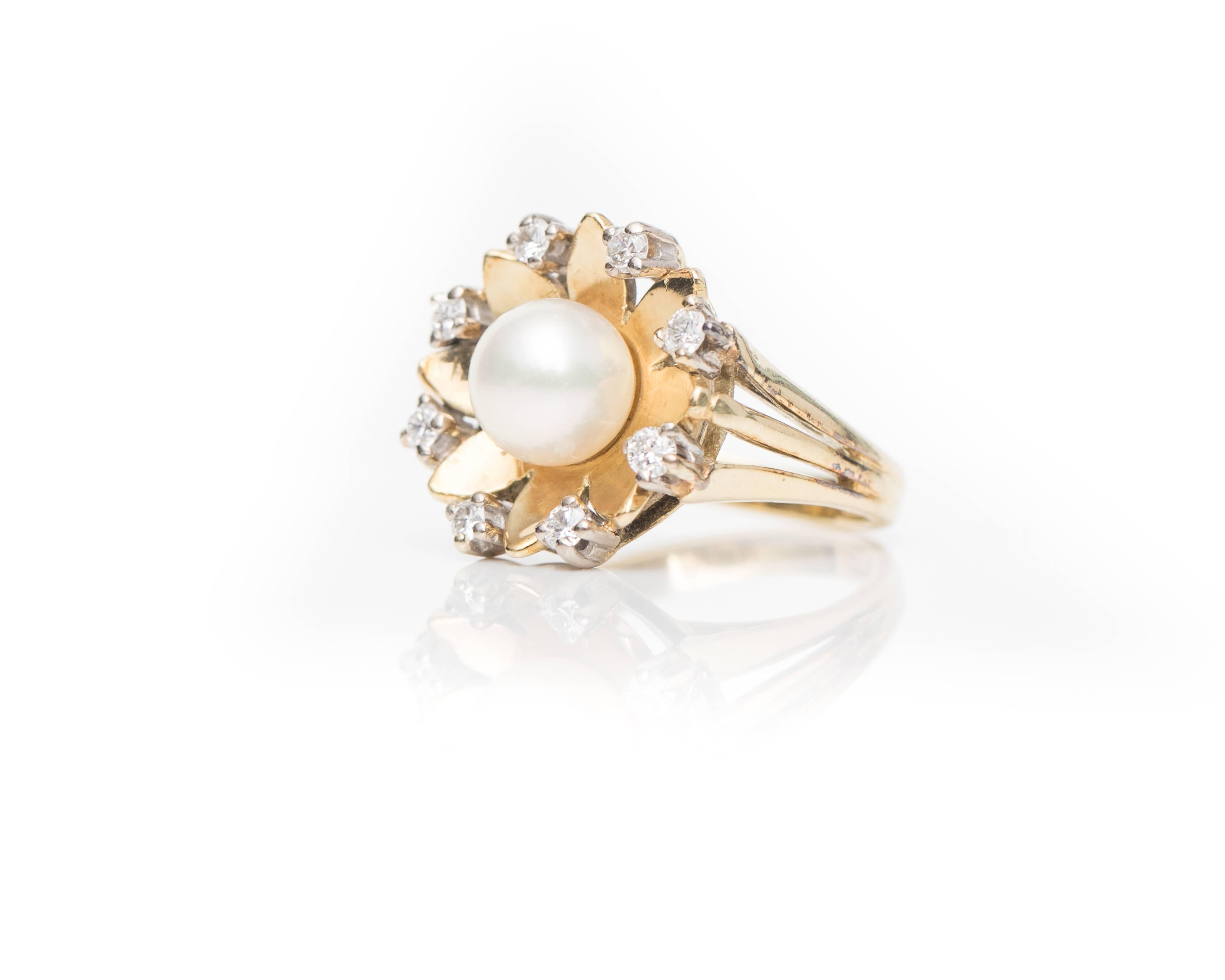 Women's 1960s Pearl and Diamond Halo 14 Karat Yellow Gold Ring