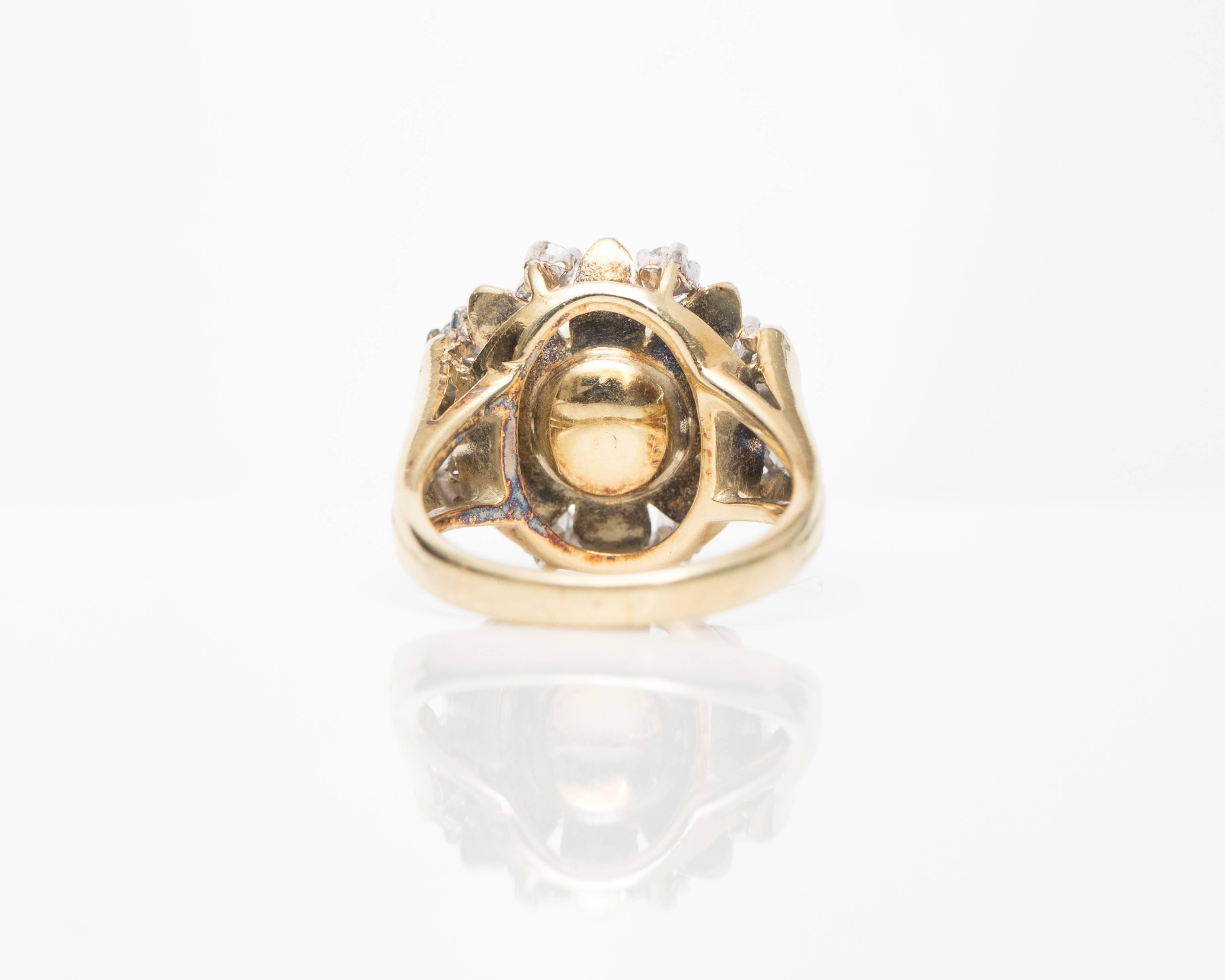 Round Cut 1960s Pearl and Diamond Halo 14 Karat Yellow Gold Ring