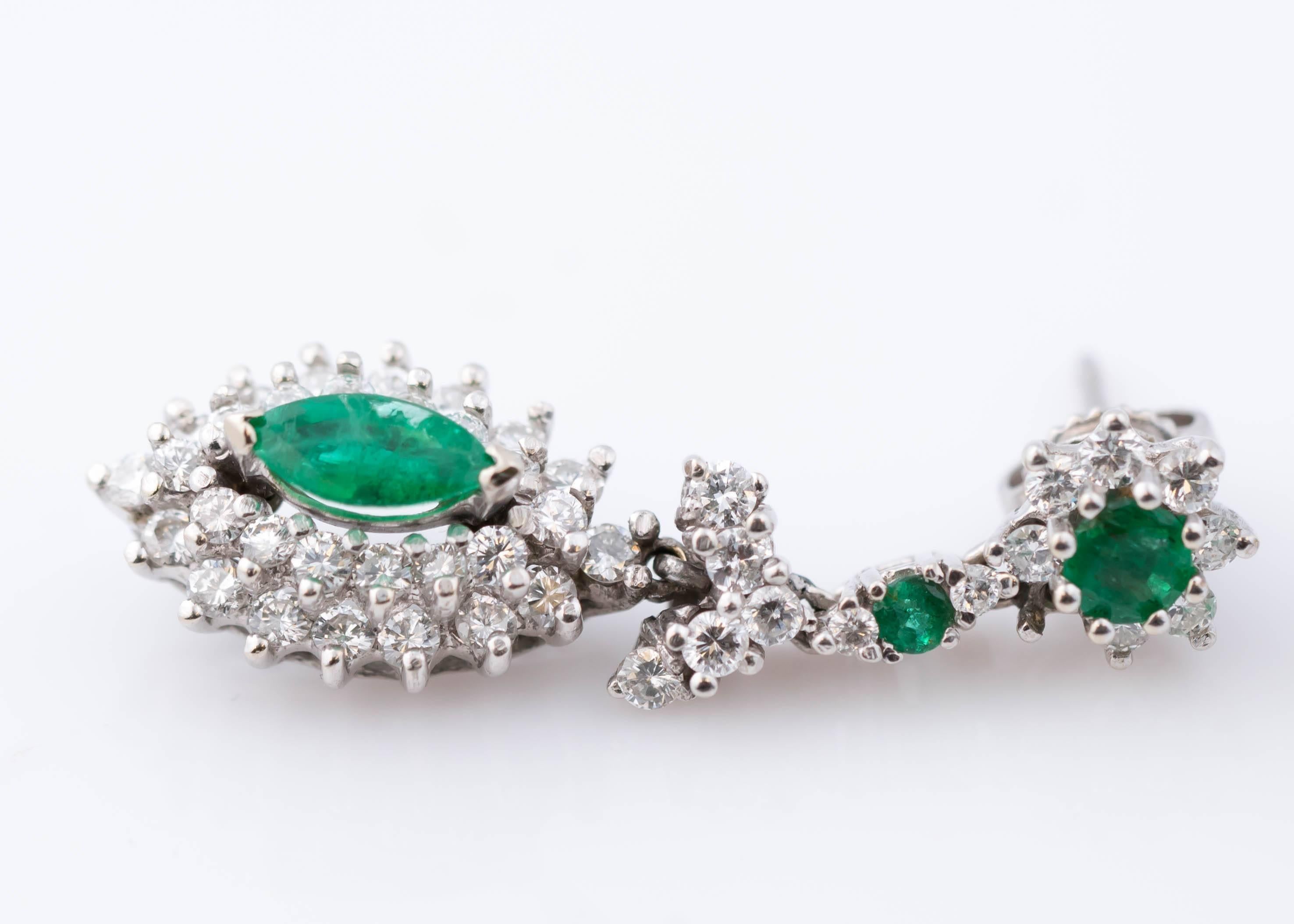1950s 2 Carat Diamond and 2 Carat Emerald Drop 14 Karat White Gold Earrings 2