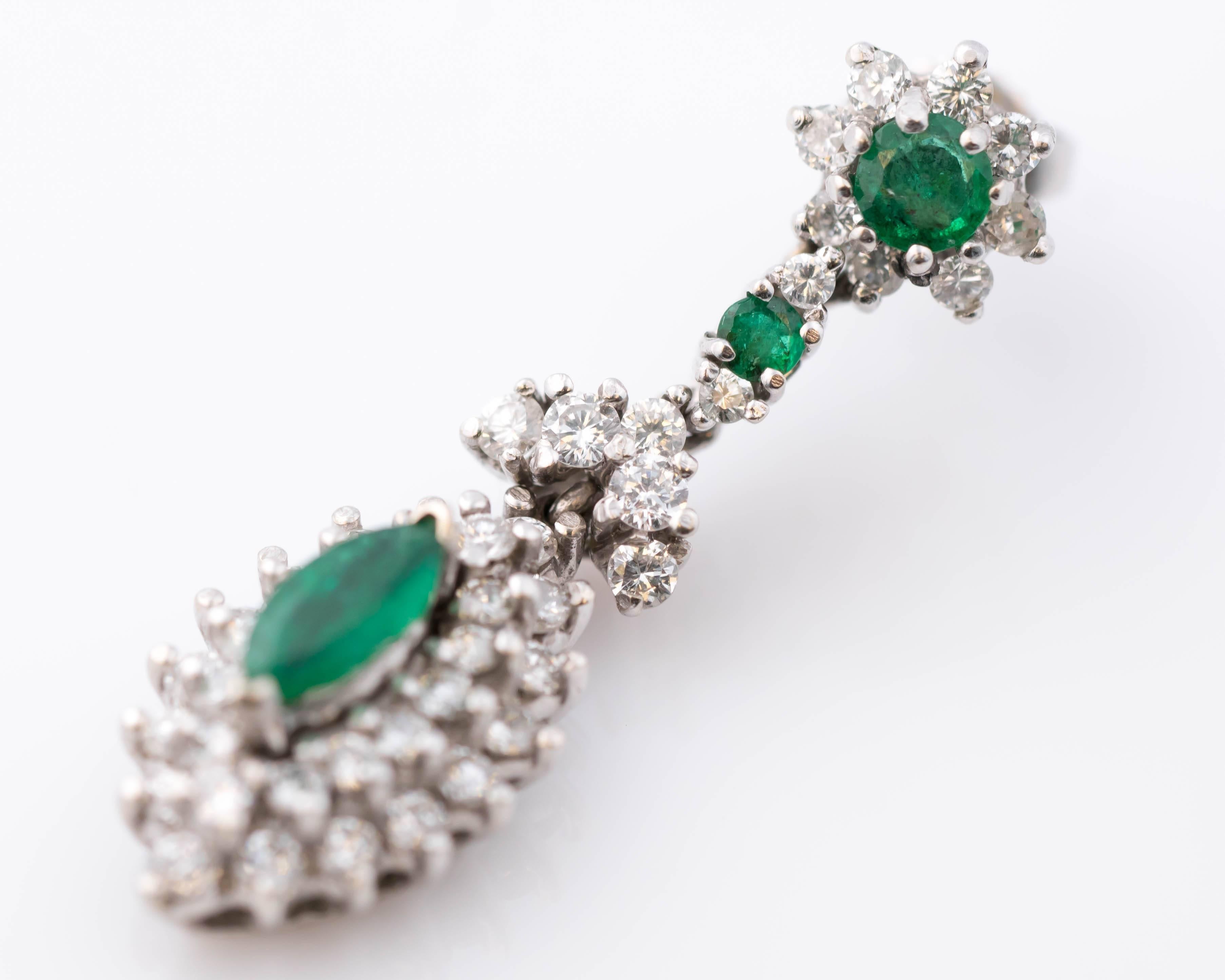 1950s 2 Carat Diamond and 2 Carat Emerald Drop 14 Karat White Gold Earrings 4