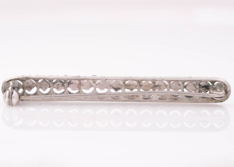 1960s Art Deco-Inspired Marcasite and Sterling Silver Bar Pin. 
Made in Germany, this exquisite Maracasite Bar Pin exemplifies Art Deco-Inspired, Retro Style! It features 3 rows of Marcasite set in Sterling Silver. A row of Round cut Marcasite set