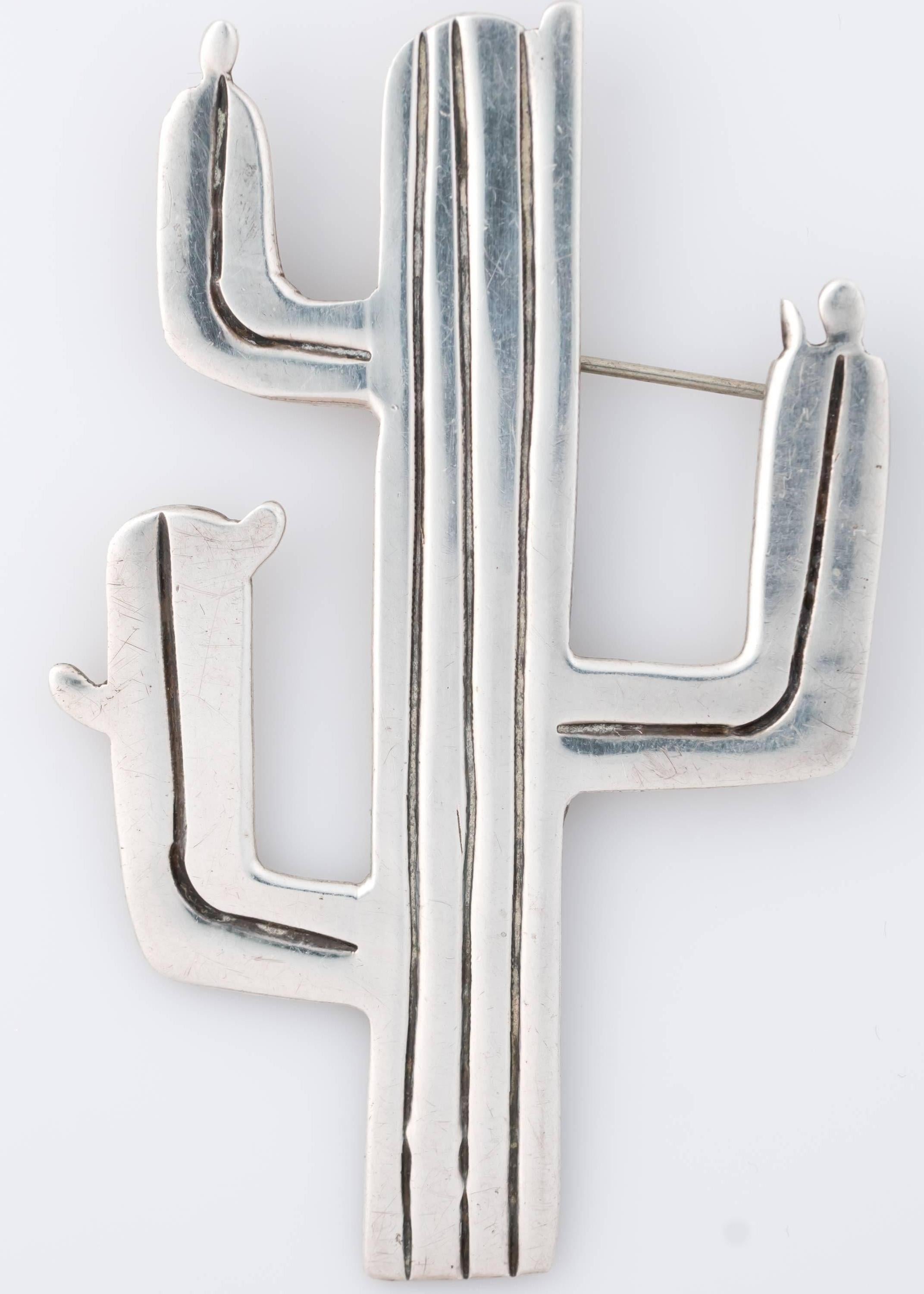 Retro 1960s Sterling Silver Cactus Pin Brooch