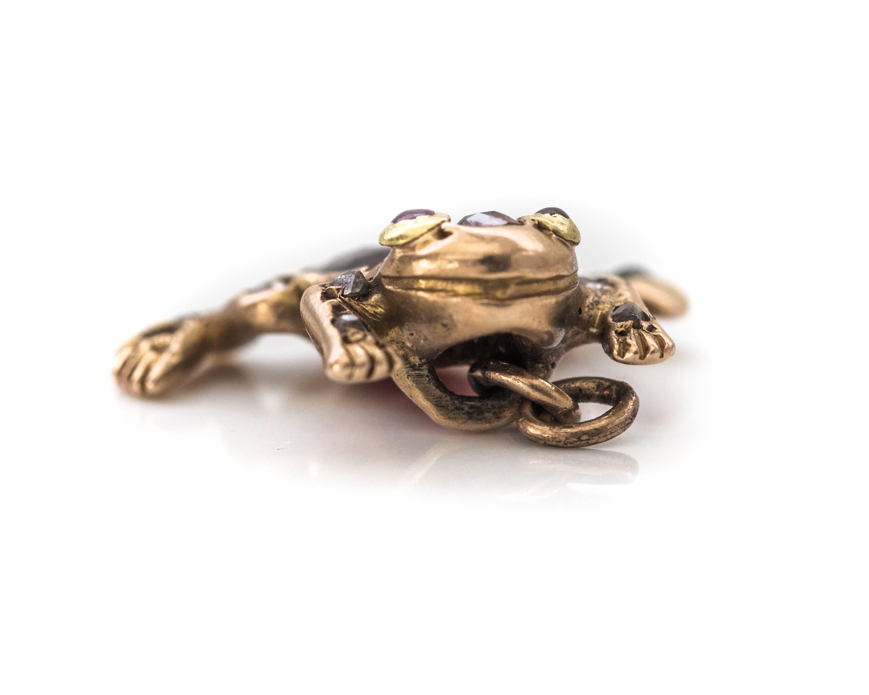 Women's or Men's 1890s Victorian Frog Charm with Diamonds, Rubies, Garnet in 9 Karat Yellow Gold