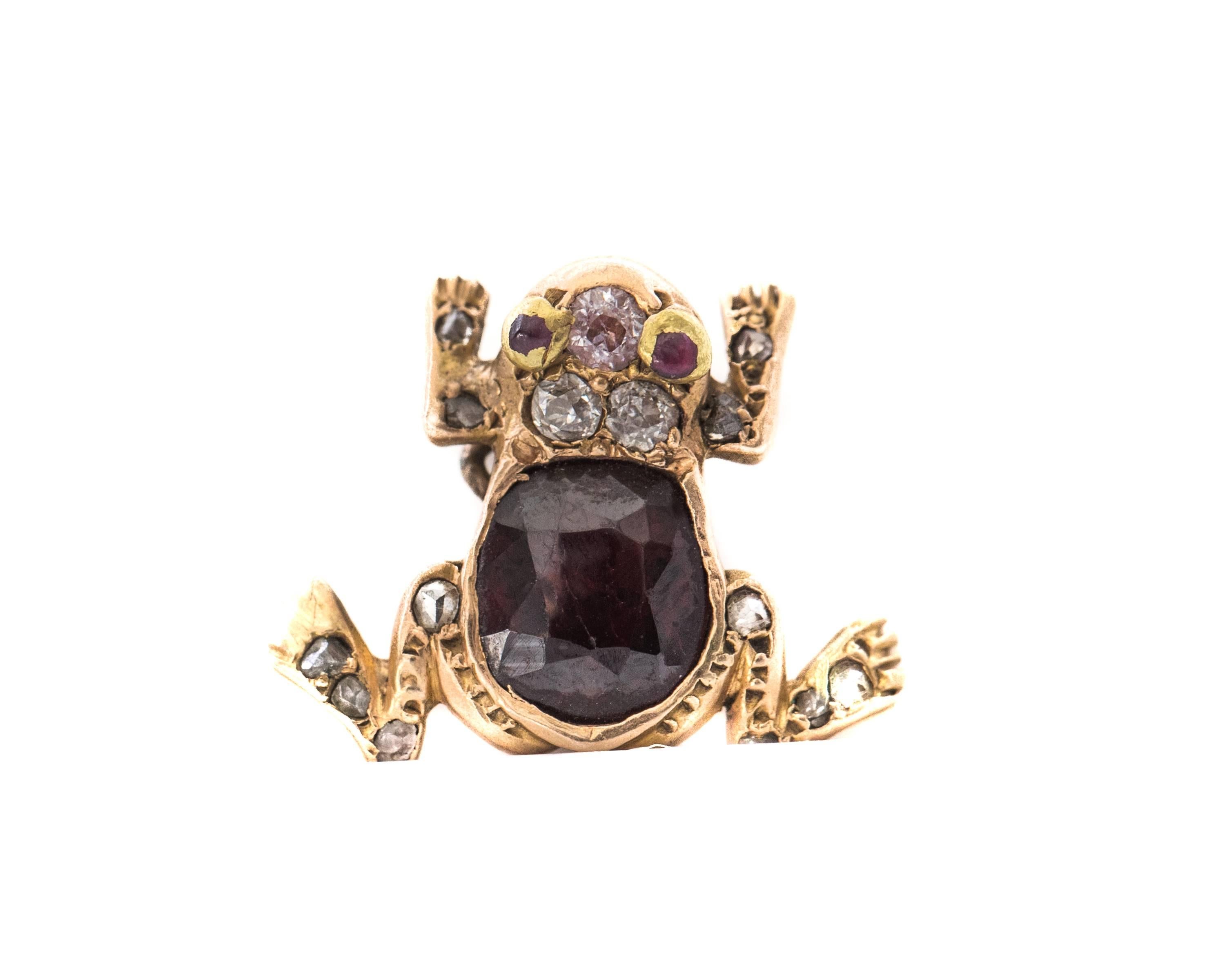 1890s Victorian Frog Charm with Diamonds, Rubies, Garnet in 9 Karat Yellow Gold In Good Condition In Atlanta, GA