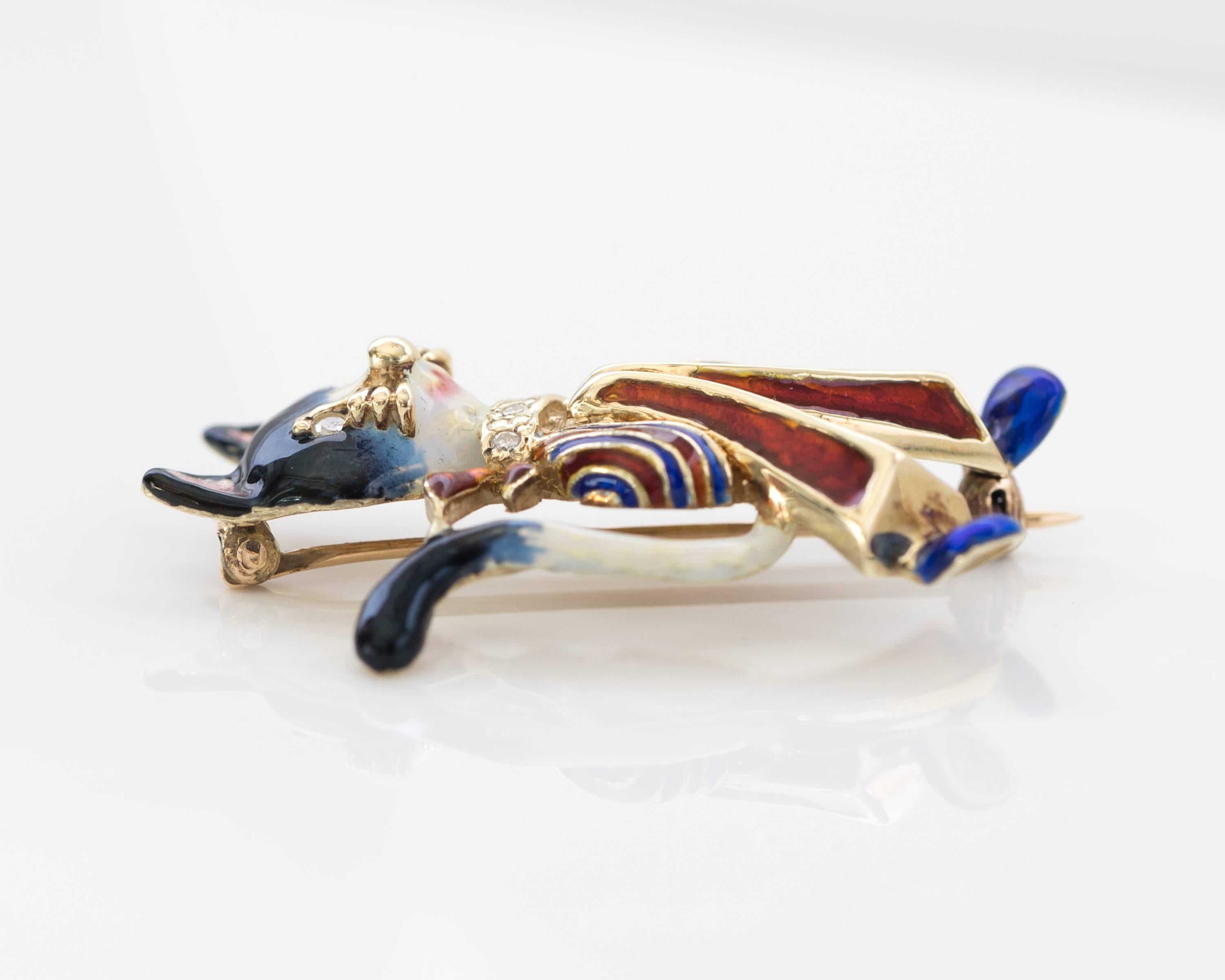 1950s Diamond and Enamel 14 Karat Gold Cat Brooch For Sale at 1stDibs