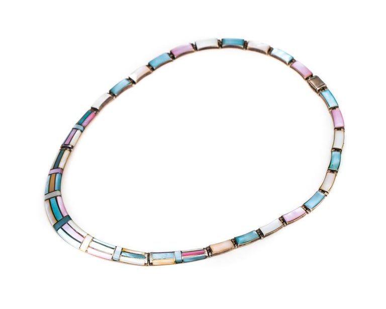 1950s Natural Pastel Shell Inlay Sterling Silver Necklace For Sale at ...