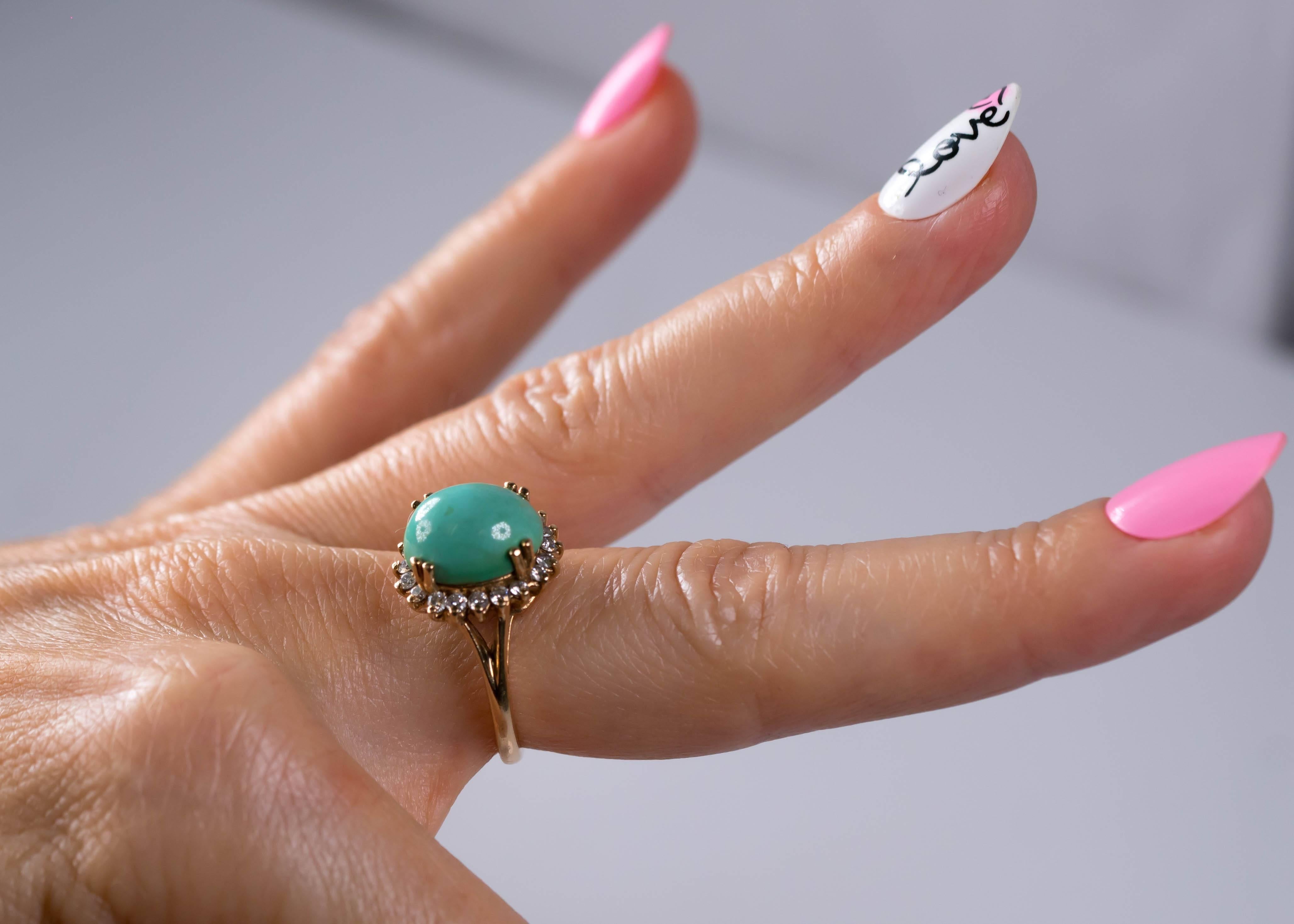 1950s Tiffany & Co. Persian Turquoise Cabochon Diamond Halo 14 Karat Gold Ring 4