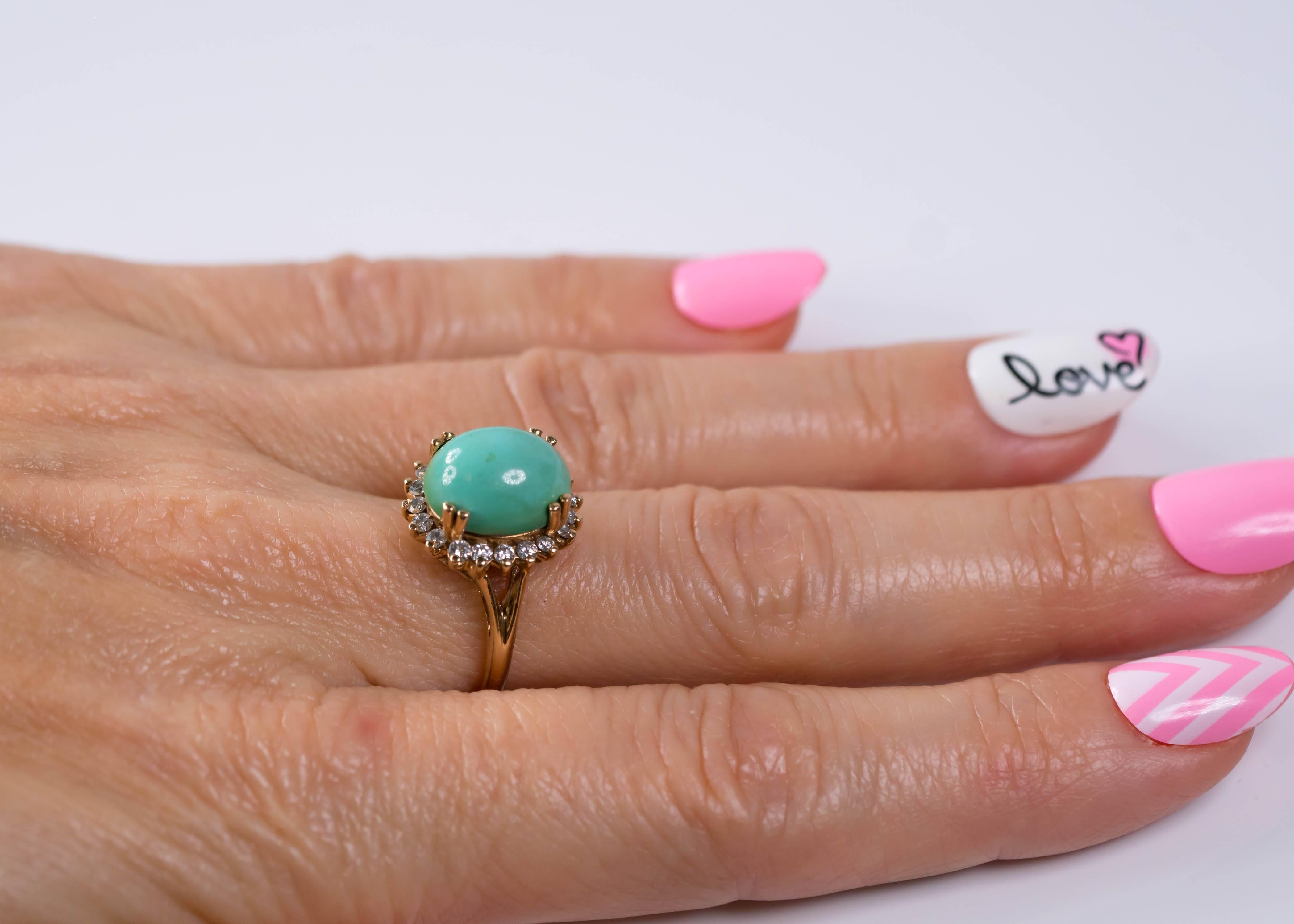 1950s Tiffany & Co. Persian Turquoise Cabochon Diamond Halo 14 Karat Gold Ring 2