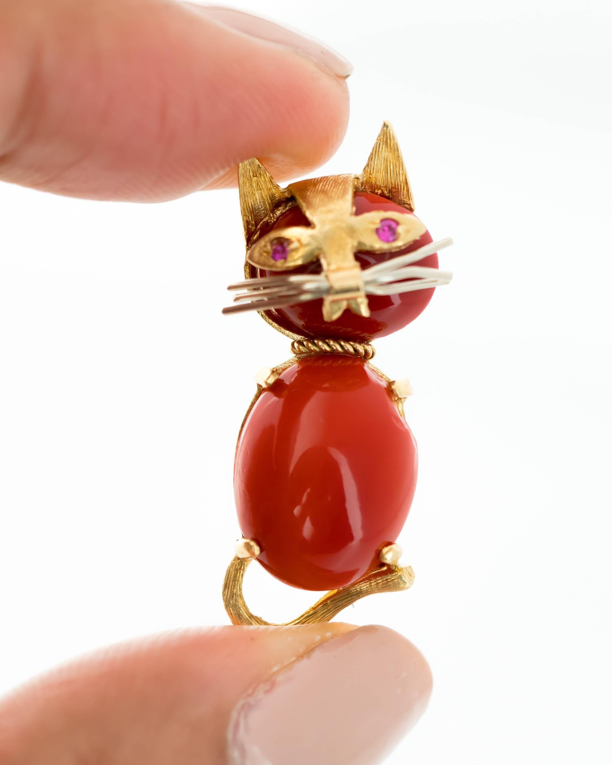 1960s Coral and Ruby 18 Karat Gold Cat Brooch 3