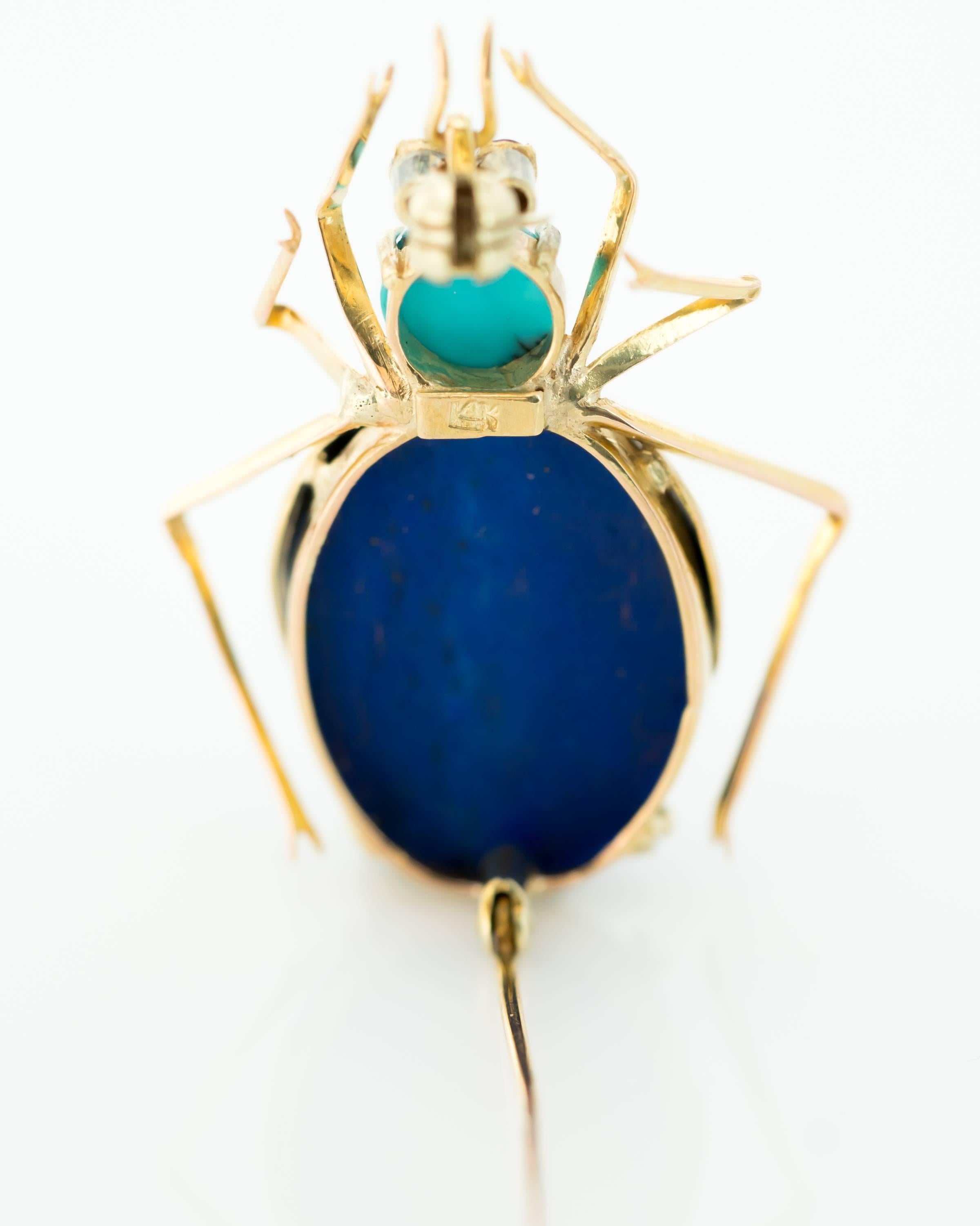 Retro 1950s Lapis Lazuli, Turquoise and Ruby 14 Karat Gold Insect Brooch