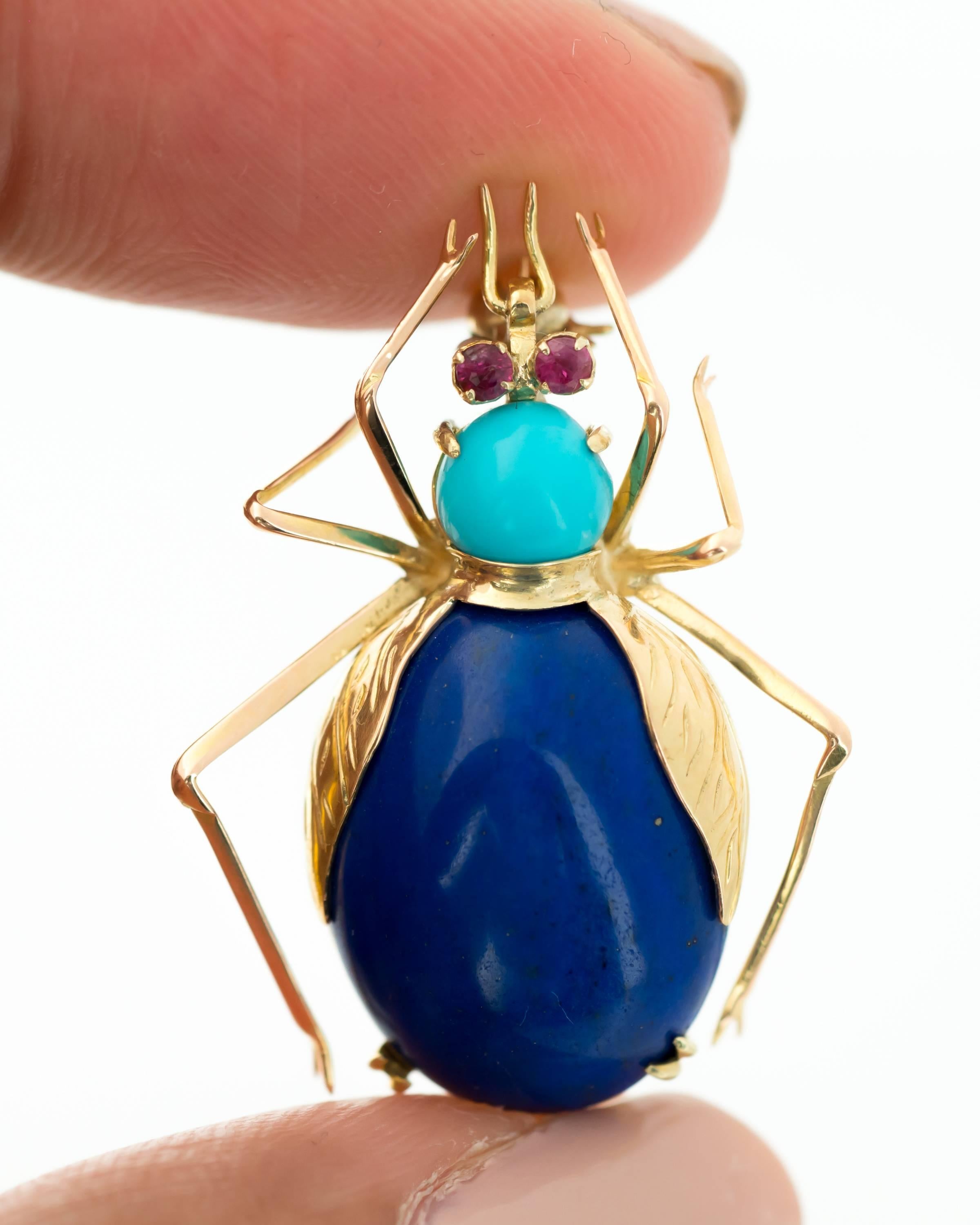 1950s Lapis Lazuli, Turquoise and Ruby 14 Karat Gold Insect Brooch In Good Condition In Atlanta, GA