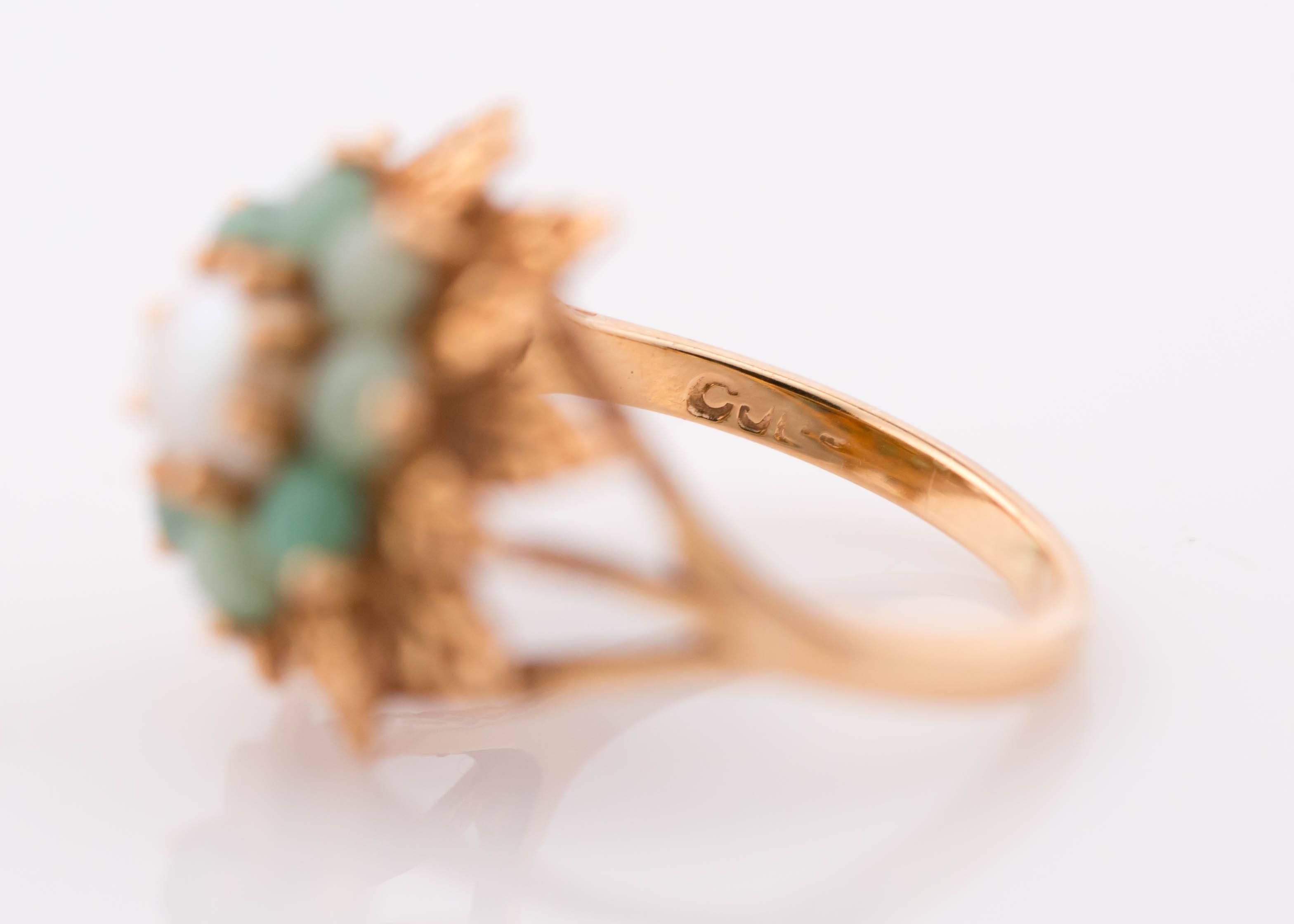 Round Cut 1950s Jade and Pearl 14 Karat Gold Floral Ring