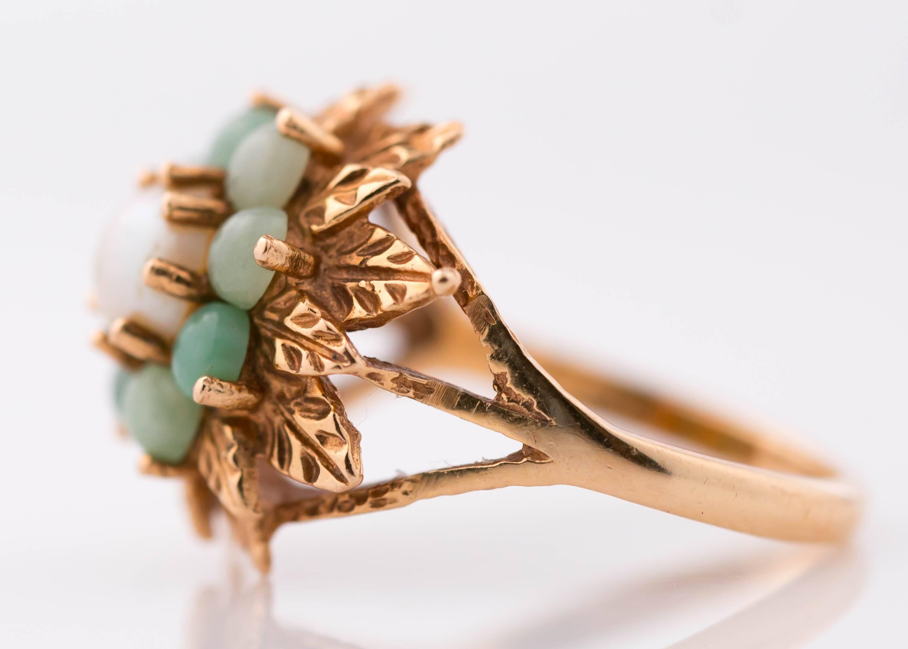 1950s Jade and Pearl 14 Karat Gold Floral Ring In Good Condition In Atlanta, GA