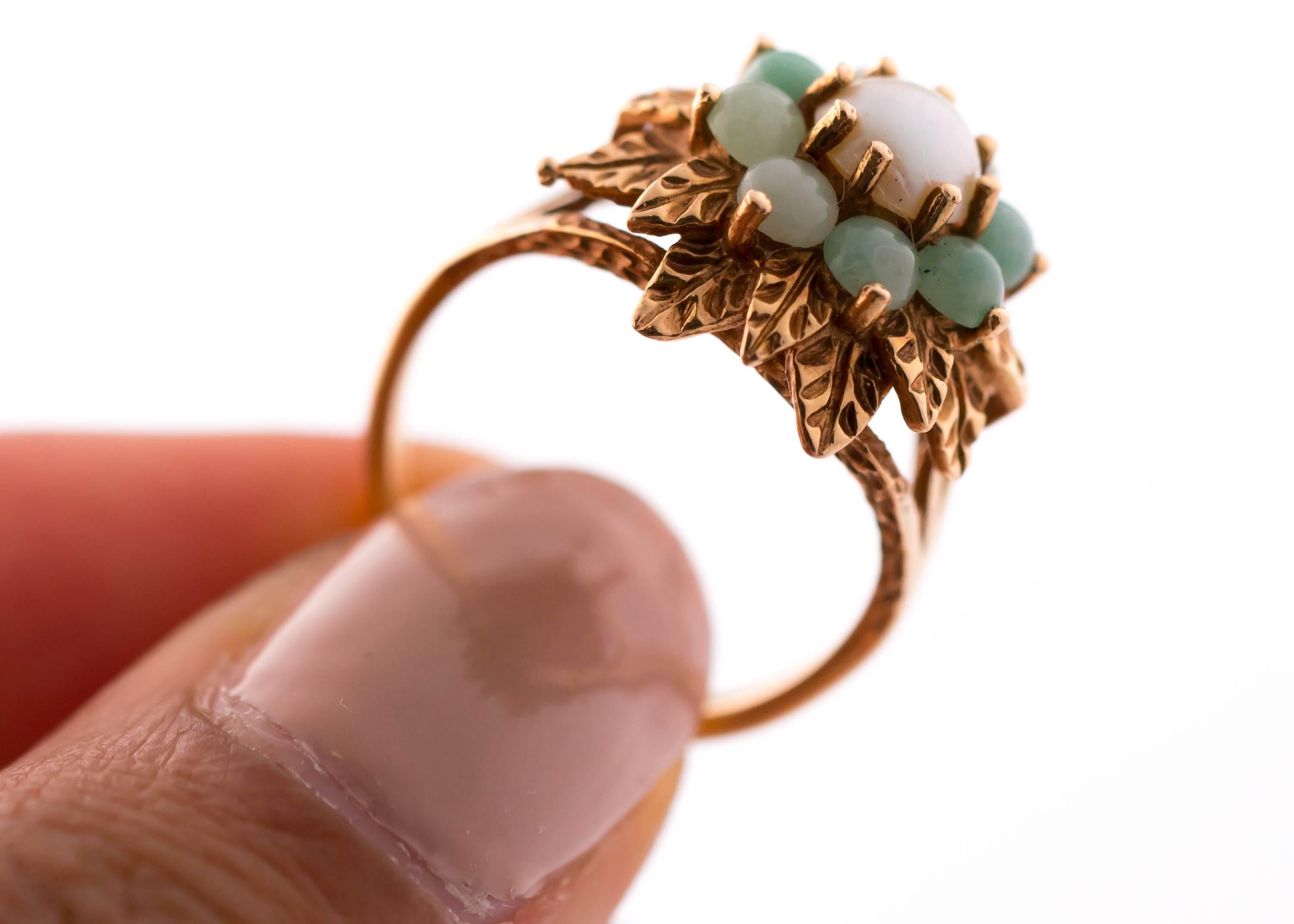 1950s Jade and Pearl 14 Karat Gold Floral Ring 1
