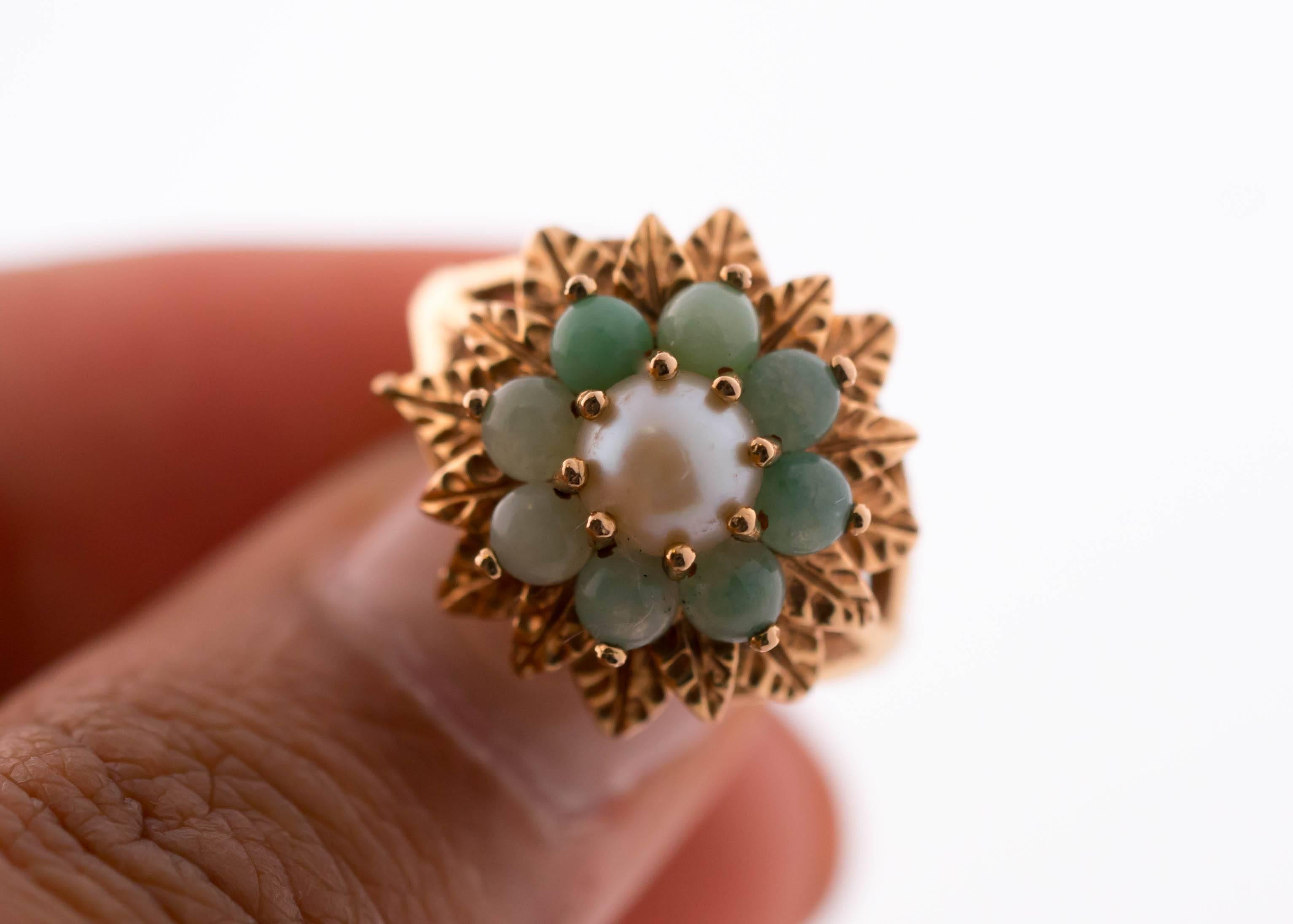 1950s Jade and Pearl 14 Karat Gold Floral Ring 2