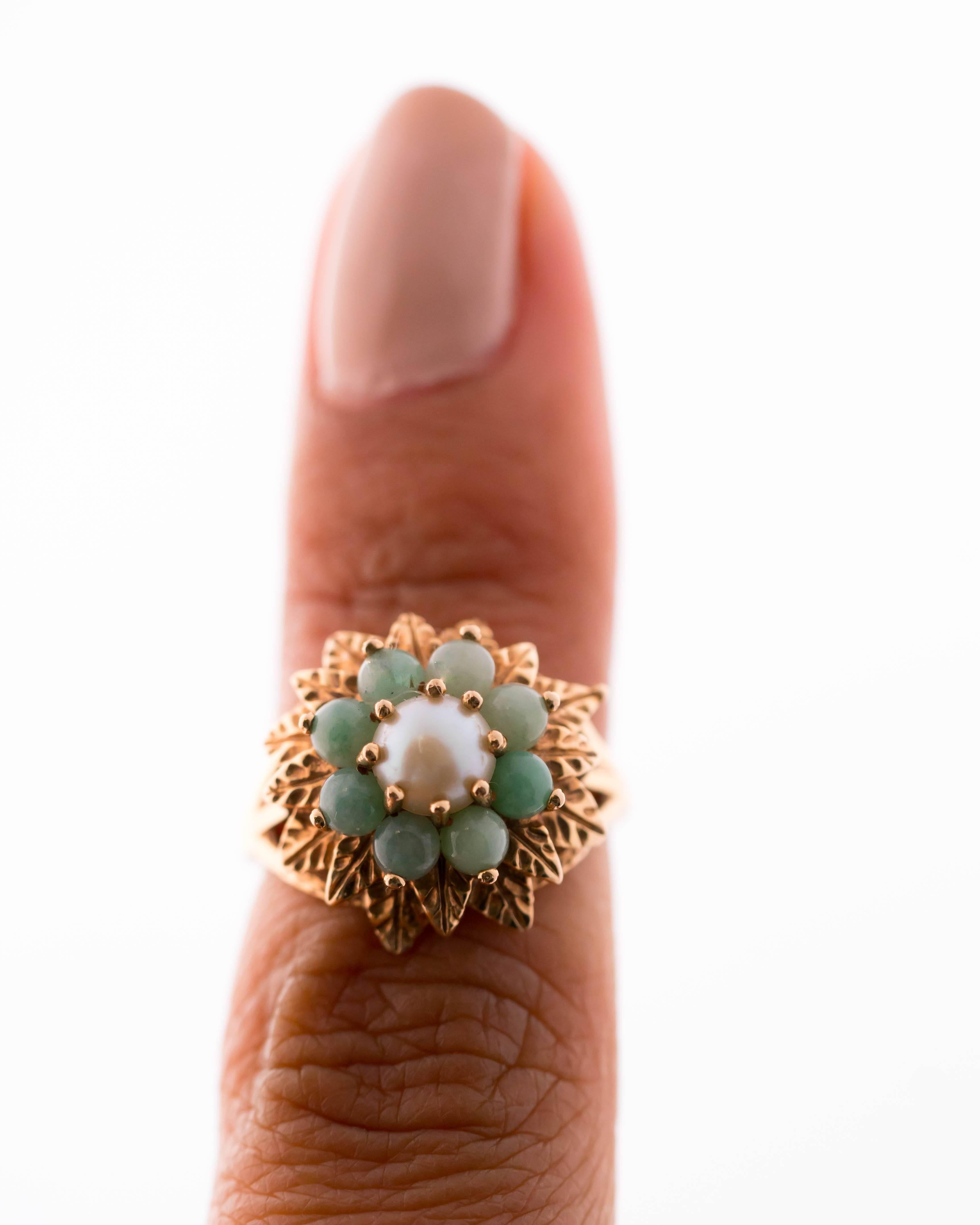 1950s Jade and Pearl 14 Karat Gold Floral Ring 3