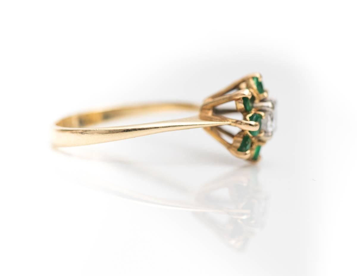 Retro 1940s 0.35 Carat Diamond and Emerald Halo Ring 14 Karat Yellow Gold