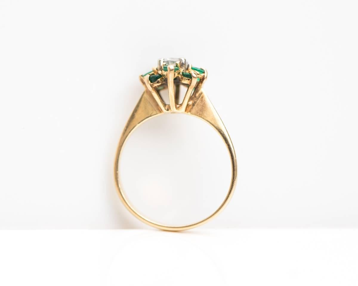 Round Cut 1940s 0.35 Carat Diamond and Emerald Halo Ring 14 Karat Yellow Gold