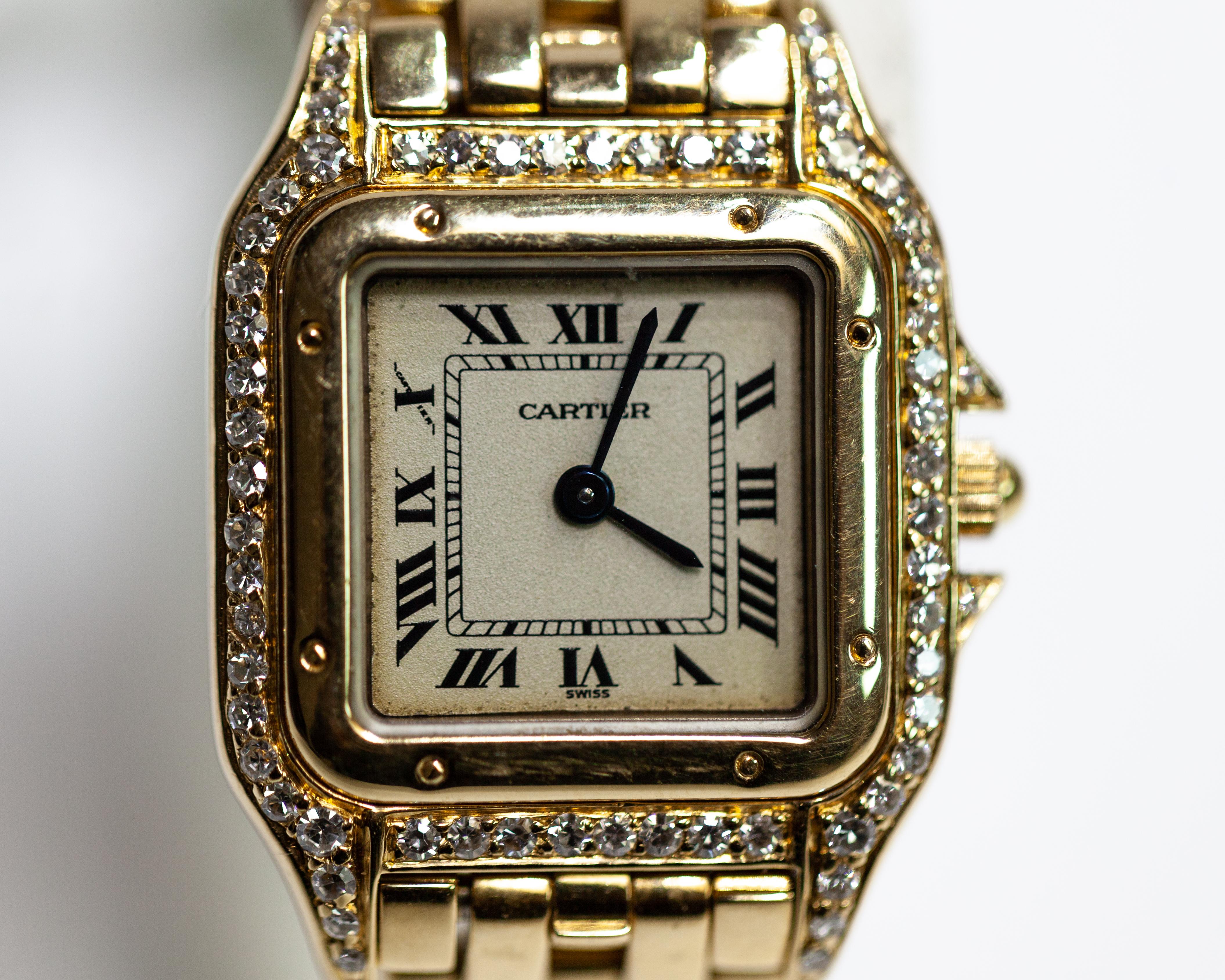 BASIC INFO
Listing number	NB00001
Reference number	WGPN0007
Brand	                Cartier
Model	                Panthere
Movement	        Quartz
Case Material	        Gold 18K
Bracelet material	Gold 18K

Condition Good (Light signs of wear or