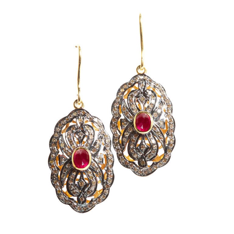 Jade Jagger "Victorian" Ruby and Diamond Earrings For Sale
