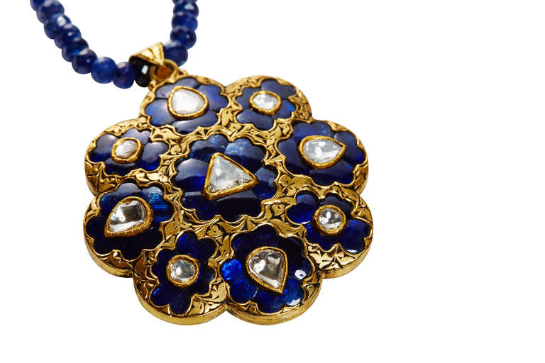 Blue Sapphire and Multiple Polki Diamond Pendant on a 32 Inch Blue Sapphire Bead Necklace. 22k Gold.