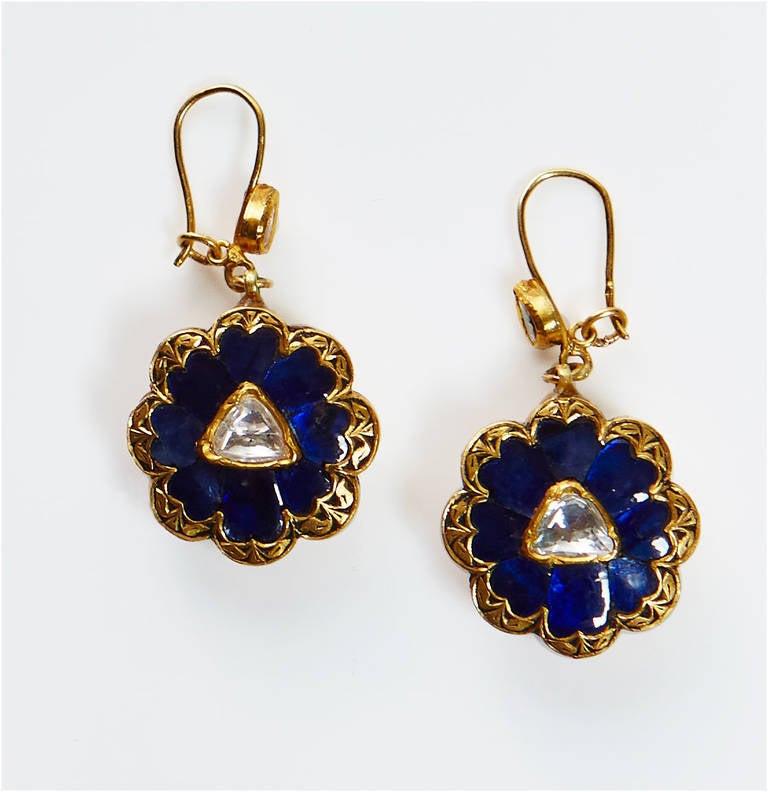 Detailed Drop Earrings With Triangular Polki Diamonds Set in Blue Sapphire. 22k Yellow Gold.