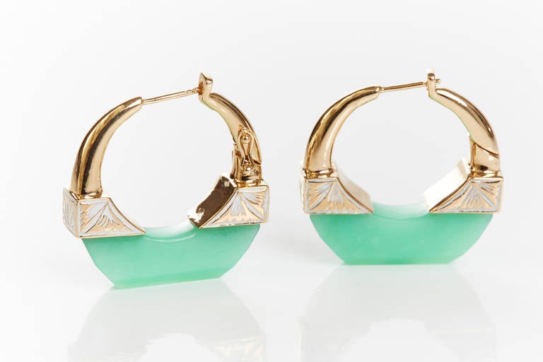 Hand Carved Chrysoprase Hoop Earrings Set in 18k Yellow Gold With Intricate White Enamel Work. 
Chrysoprase 27.14 ct.